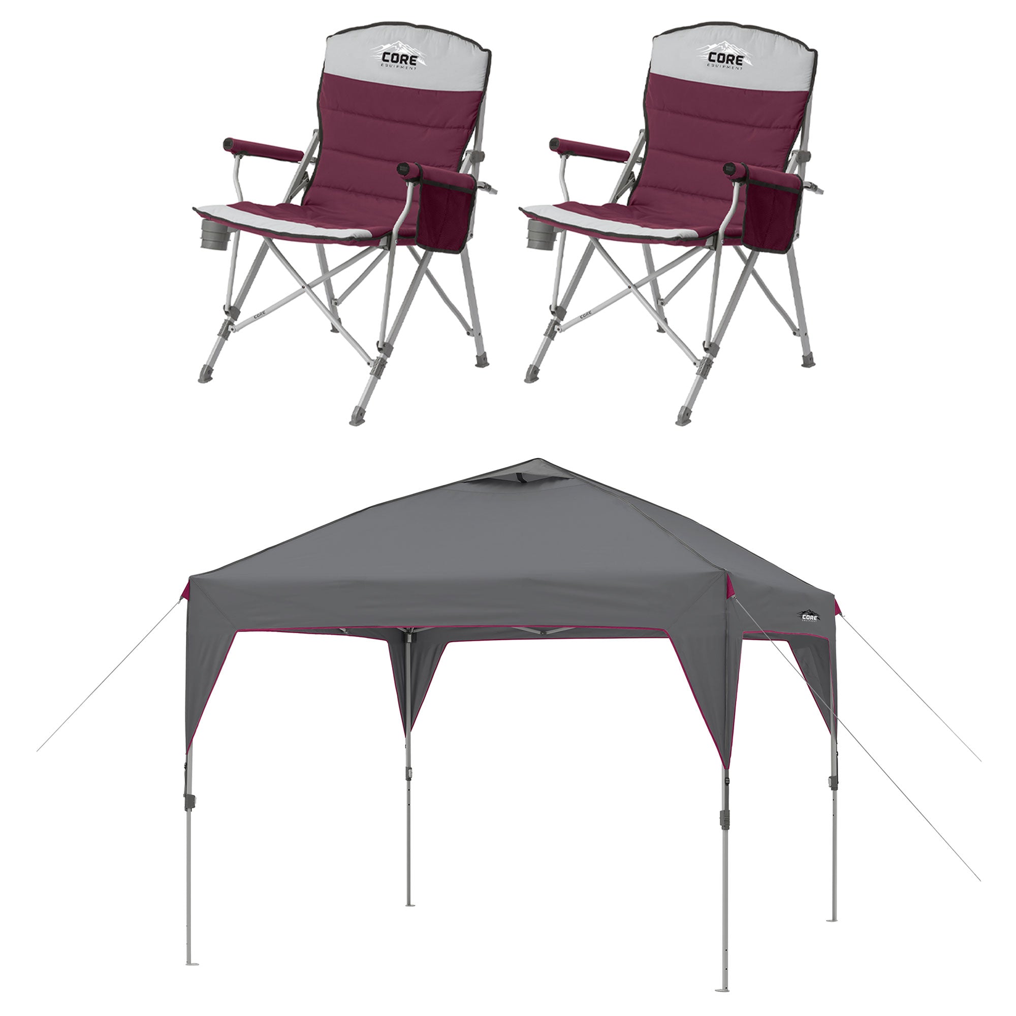 CORE Set of 2 Padded Hard Arm Chair w/Instant Outdoor Pop Up Shade Canopy Tent - VMInnovations