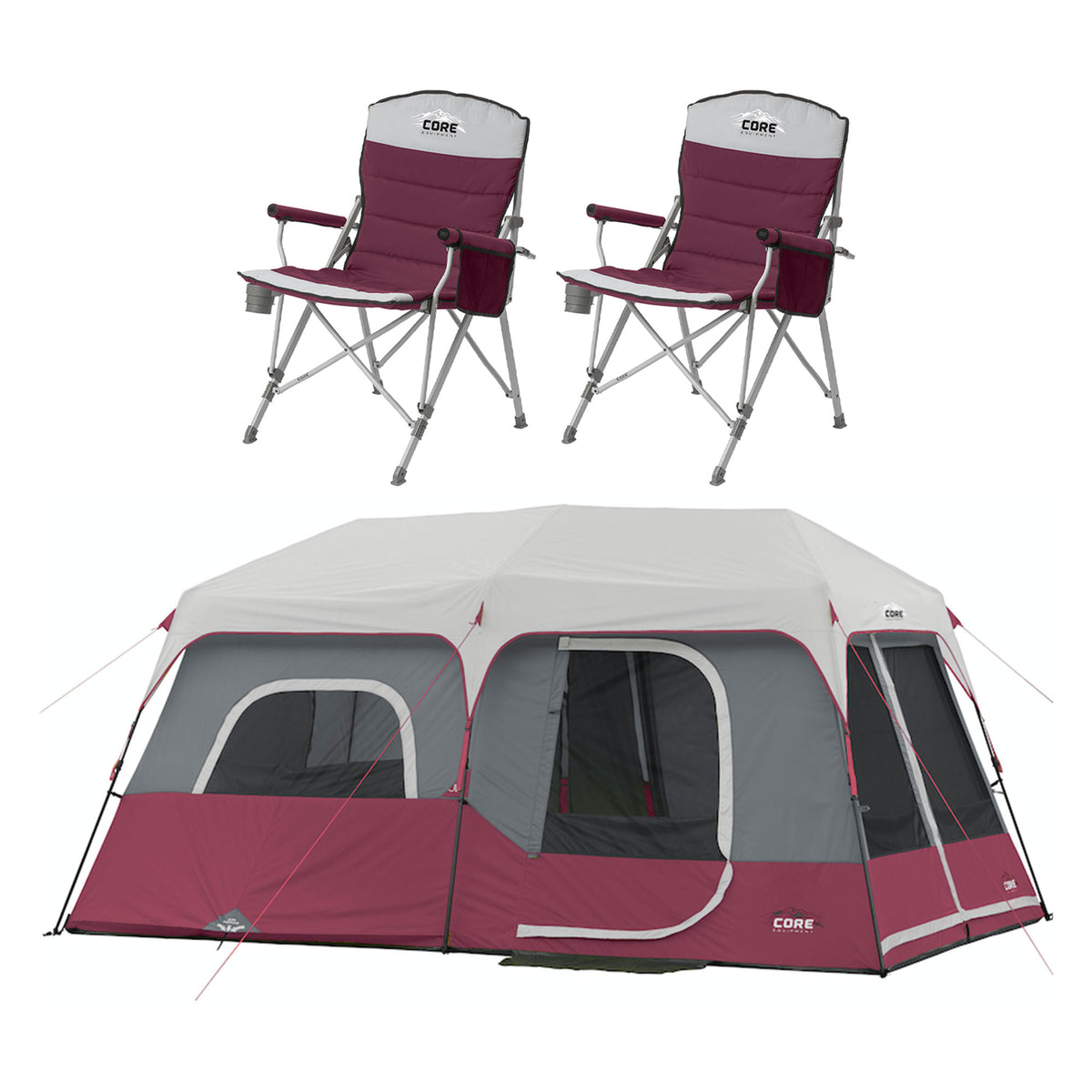 CORE Set of 2 Padded Arm Chair w/Instant 9-Person Cabin Family Tent, Wine Red