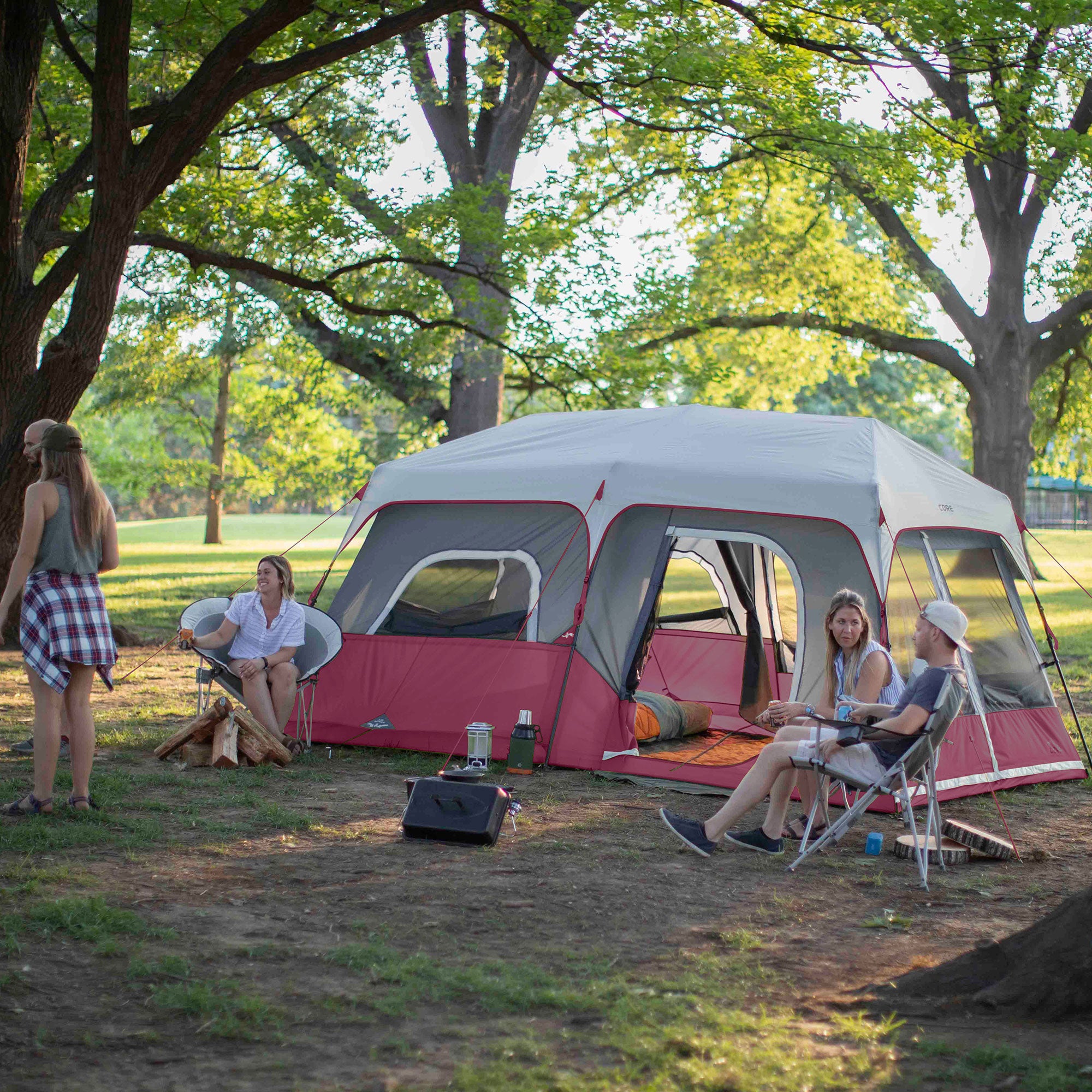 CORE Set of 2 Padded Arm Chair w/Instant 9-Person Cabin Family Tent, Wine Red