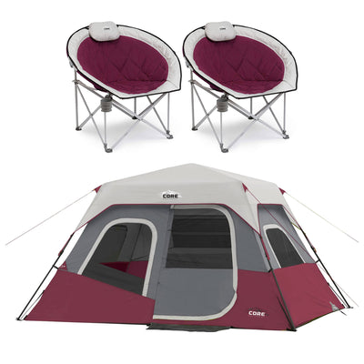 CORE Set of 2 Padded Round Moon Folding Chair with 6 Person Camping Cabin Tent