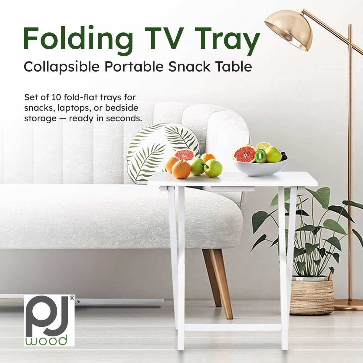 PJ Wood Portable Folding TV Snack Tray Table Desk Stand, White (10 Piece Set)