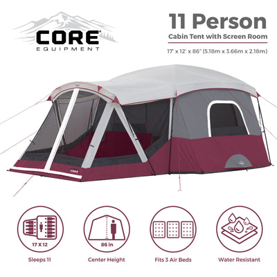 CORE 11 Person Family Outdoor Camping Cabin Tent with Screen Room, Wine (5 Pack)