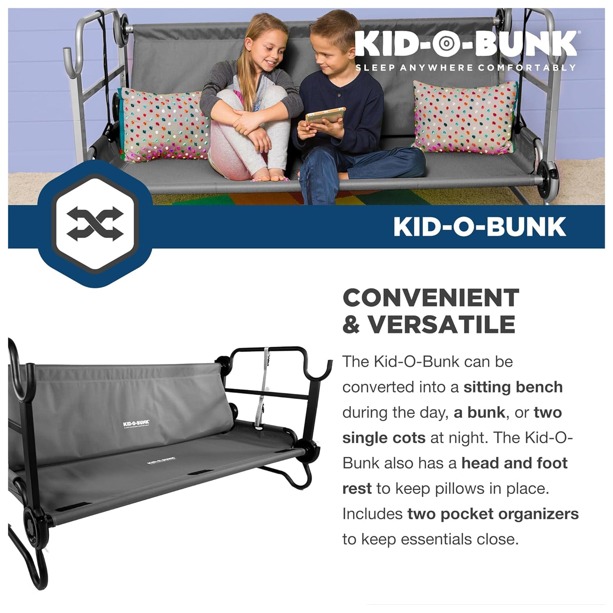 Disc-O-Bed Double Cot Kid-O-Bunk w/Storage Organizers & Carry Bag, (Open Box)