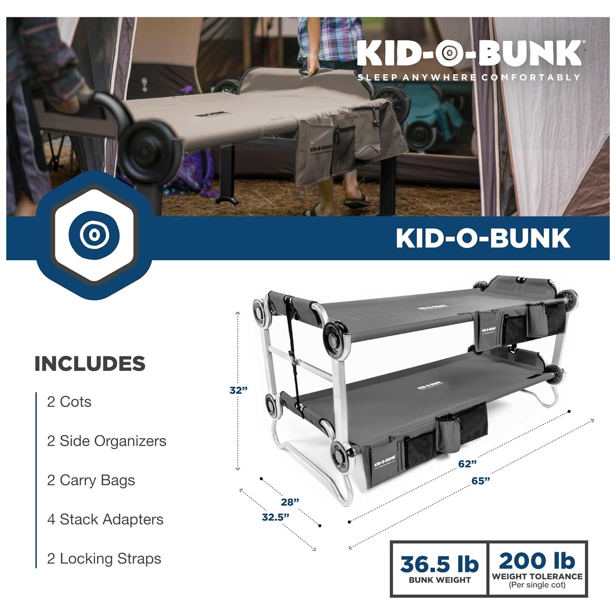 Disc-O-Bed Double Cot Kid-O-Bunk w/Storage Organizers & Carry Bag, (Open Box) - VMInnovations