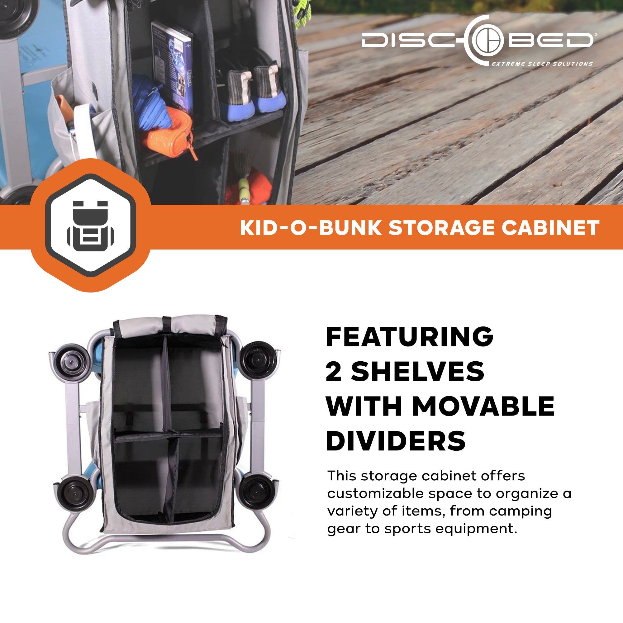 Disc-O-Bed Kid-O-Bunk Camping Cots Folding Storage Cabinet for Travel, Grey - VMInnovations