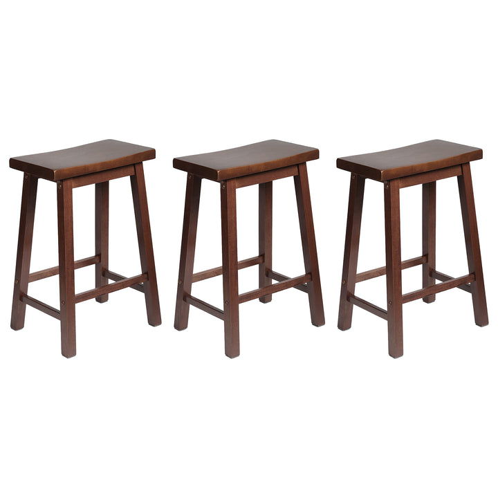 PJ Wood Classic Saddle Seat 24 Inch Kitchen Bar Counter Stool, Walnut (3 Pack) - VMInnovations
