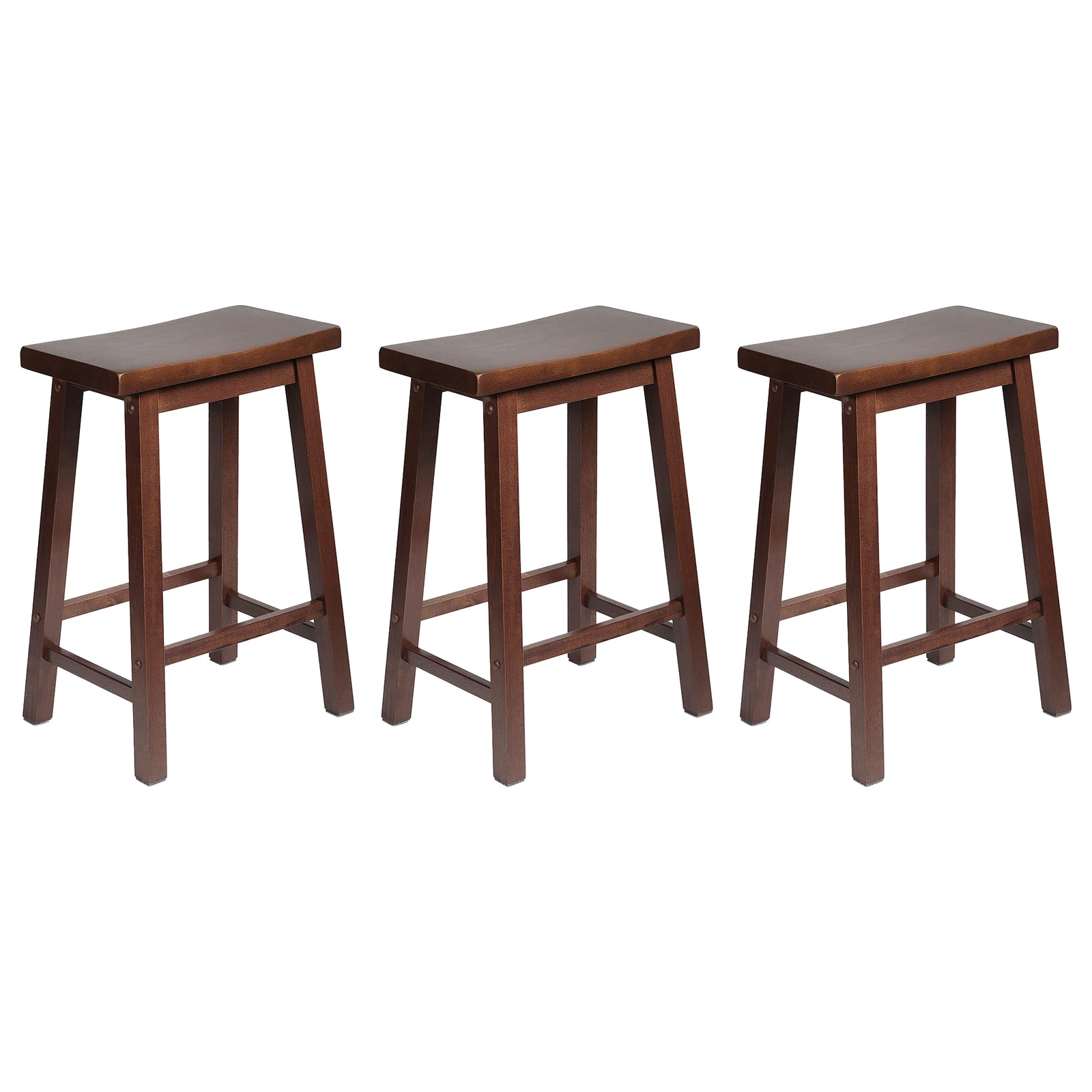 PJ Wood Classic Saddle Seat 24 Inch Kitchen Bar Counter Stool, Walnut (3 Pack) - VMInnovations