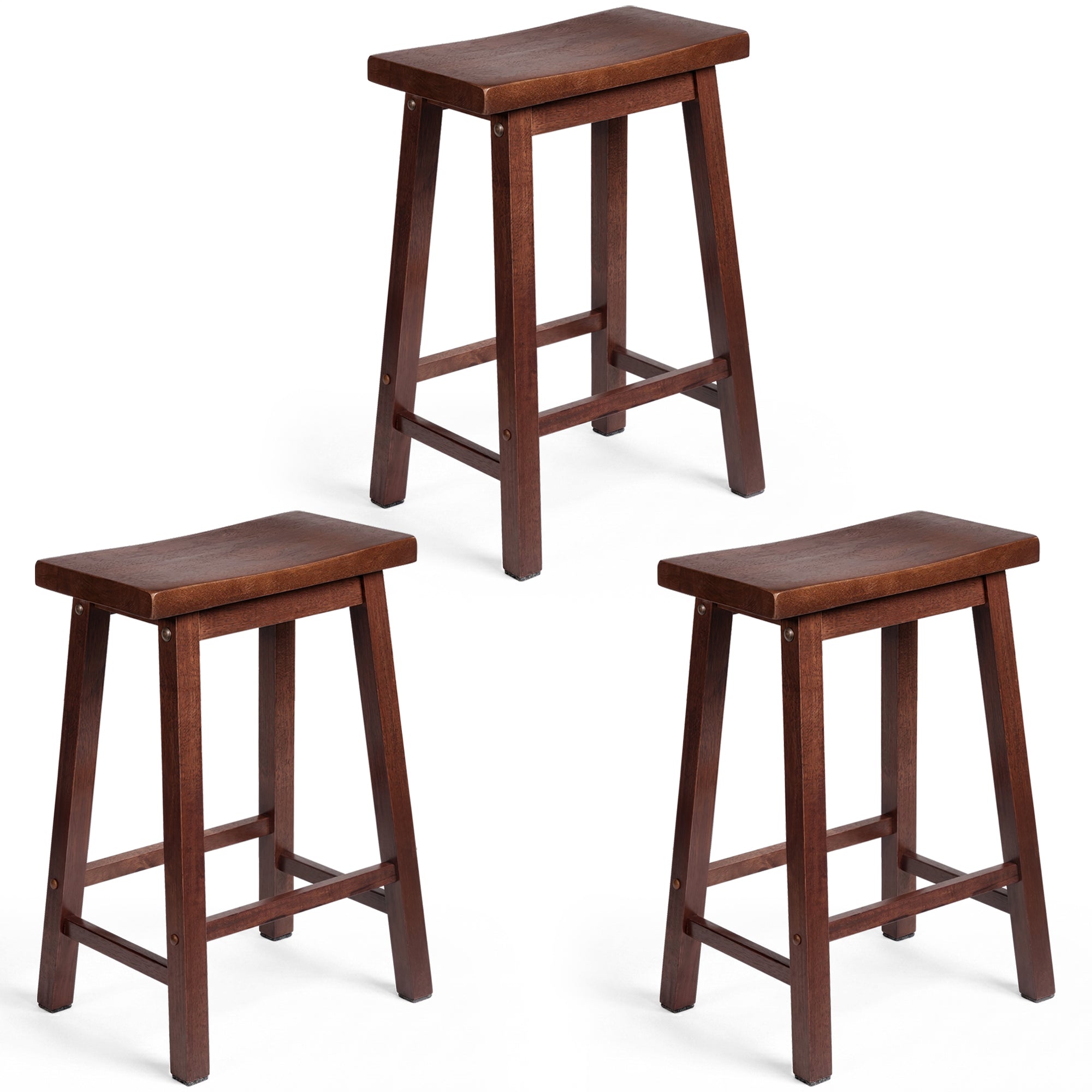 PJ Wood Classic Saddle Seat 24 Inch Kitchen Bar Counter Stool, Walnut (3 Pack) - VMInnovations