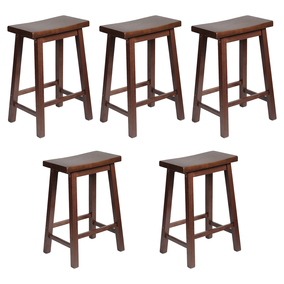PJ Wood Classic Saddle Seat 24 Inch Kitchen Bar Counter Stool, Walnut (5 Pack) - VMInnovations
