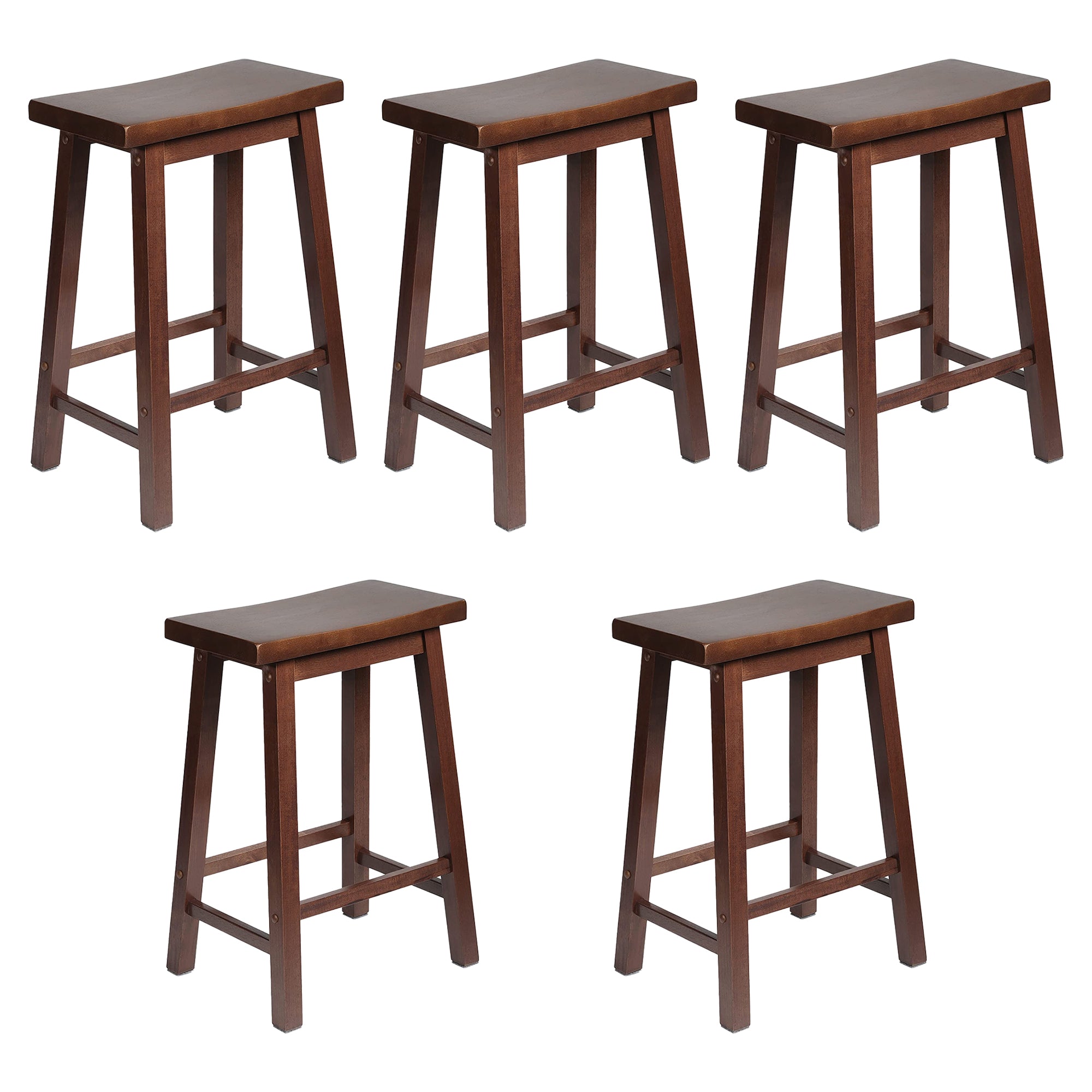 PJ Wood Classic Saddle Seat 24 Inch Kitchen Bar Counter Stool, Walnut (5 Pack) - VMInnovations