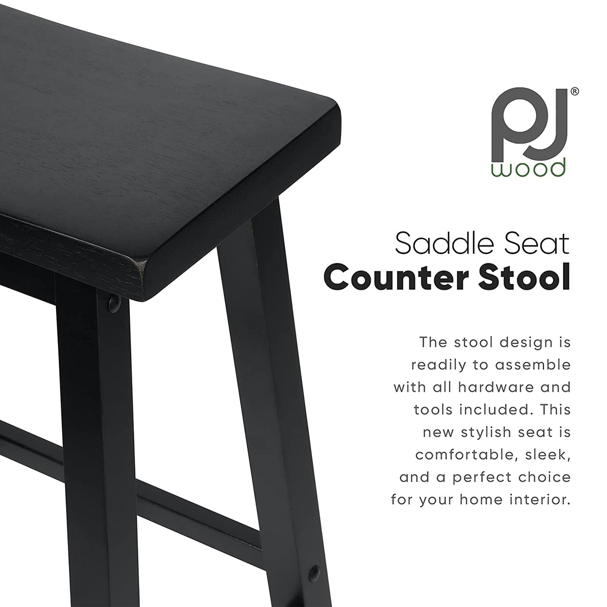 PJ Wood Classic Saddle Seat 24 Inch Kitchen Bar Counter Stool, Black (5 Pack) - VMInnovations