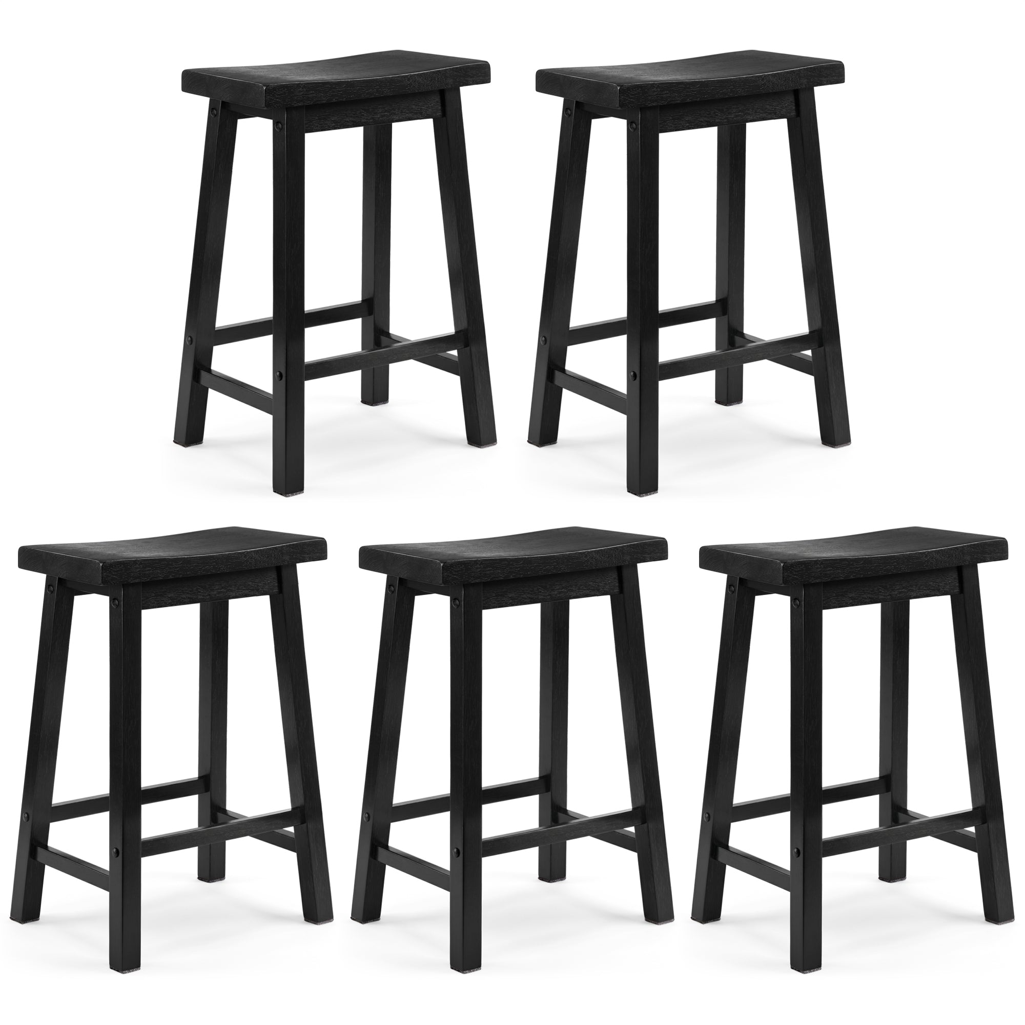 PJ Wood Classic Saddle Seat 24 Inch Kitchen Bar Counter Stool, Black (5 Pack) - VMInnovations