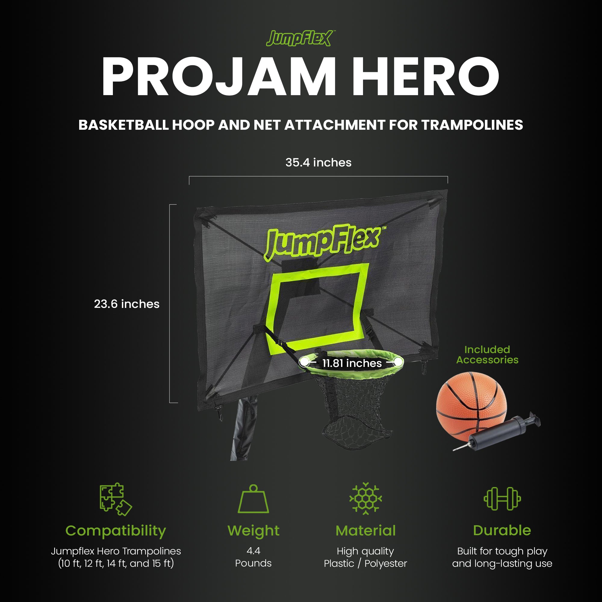 Jumpflex FLEX 12' Trampoline, Outdoor Play Equipment with PROJAM Basketball Hoop