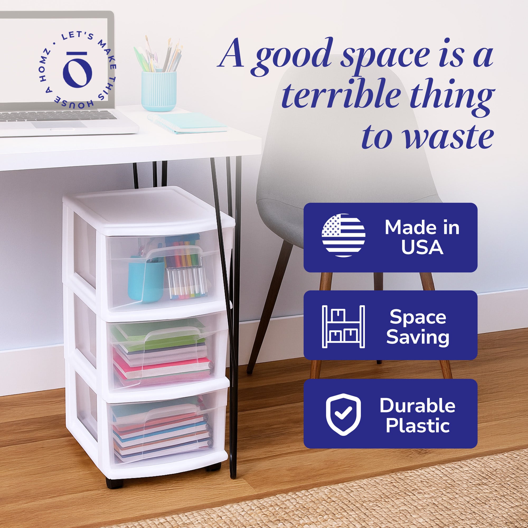 Homz Plastic 3 Drawer Medium Storage Container Tower, Clear Drawers/White Frame