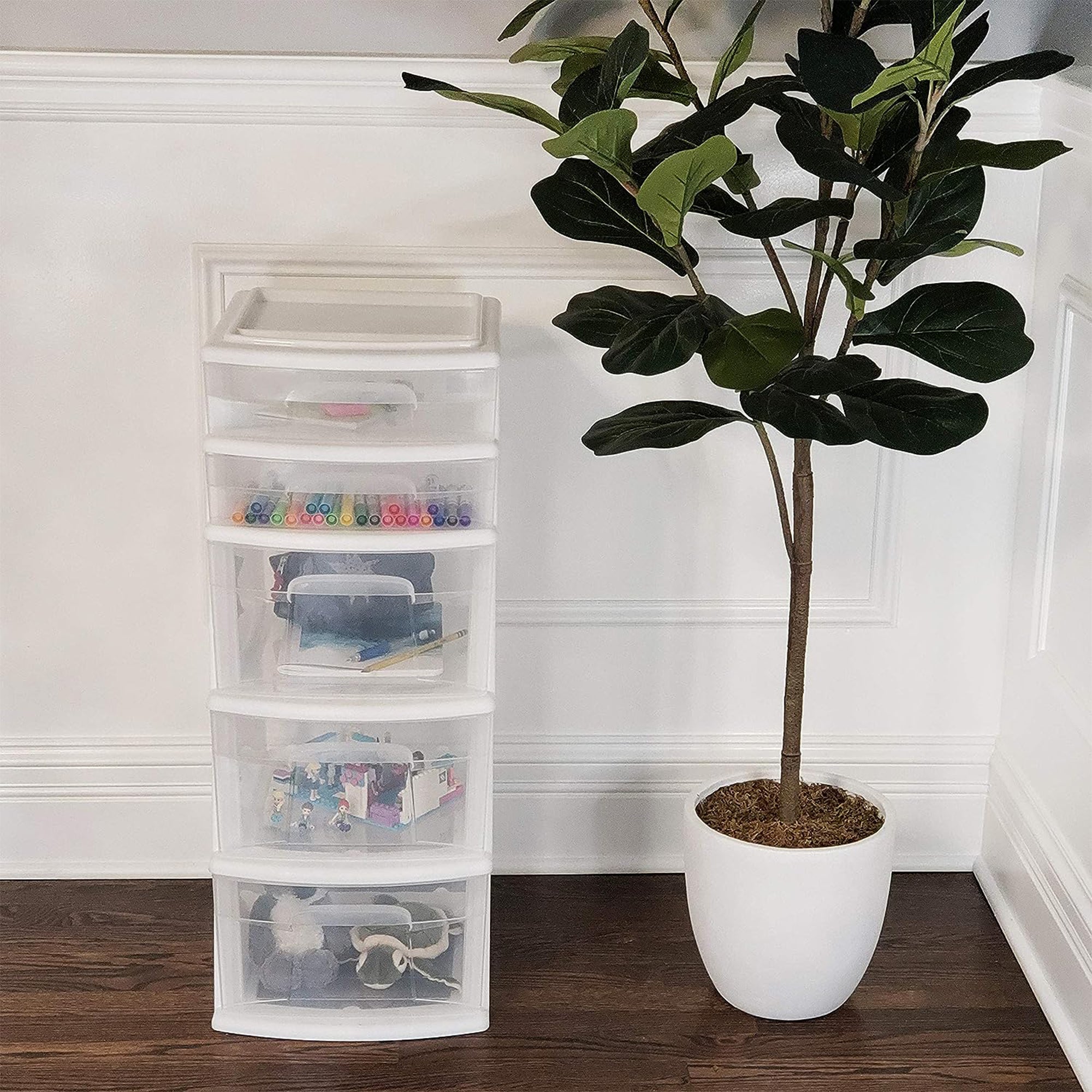 Homz Clear Plastic 5 Drawer Home Storage Container Tower, White (2pk) (Open Box) - VMInnovations