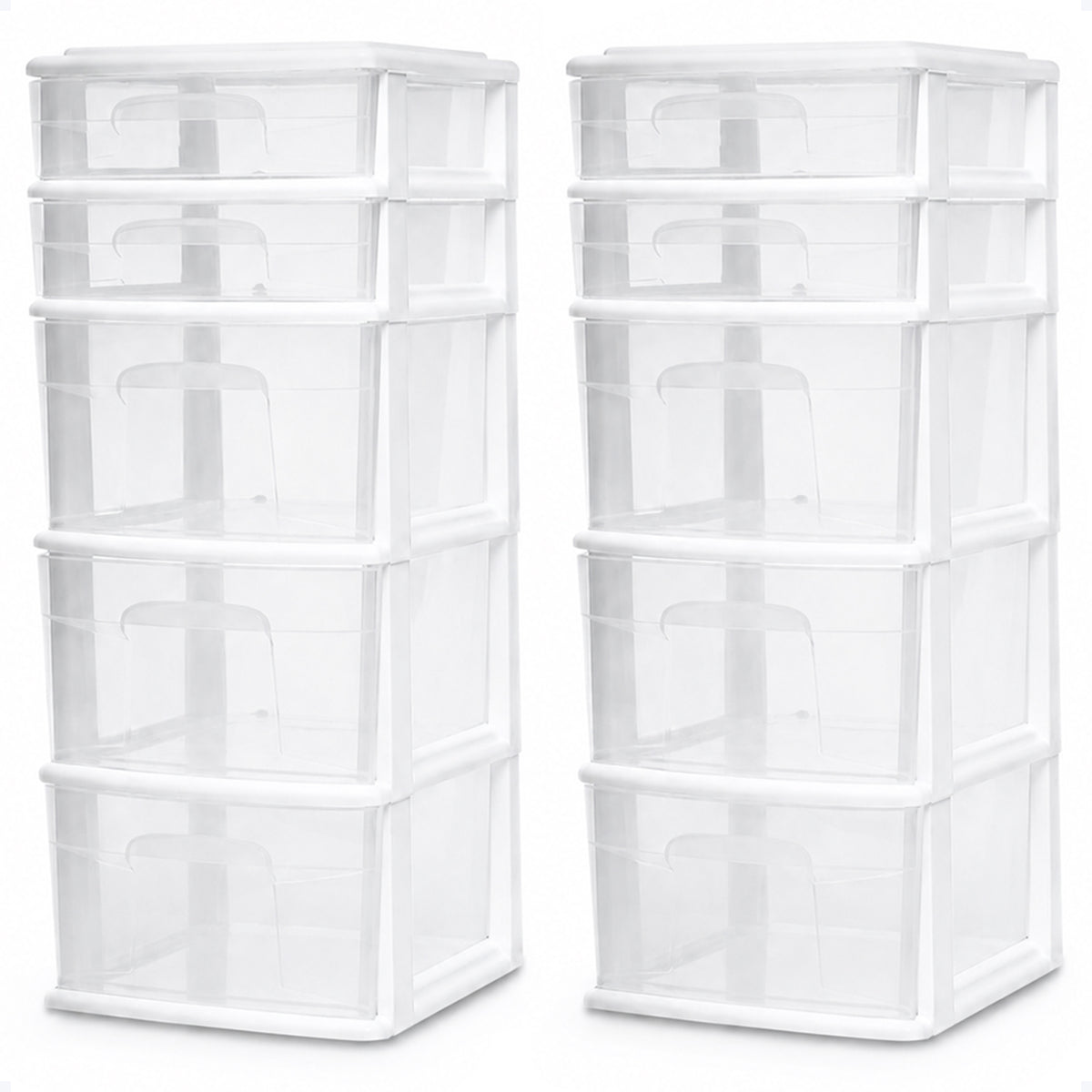 Homz Clear Plastic 5 Drawer Home Storage Container Tower, White Frame (2 Pack)