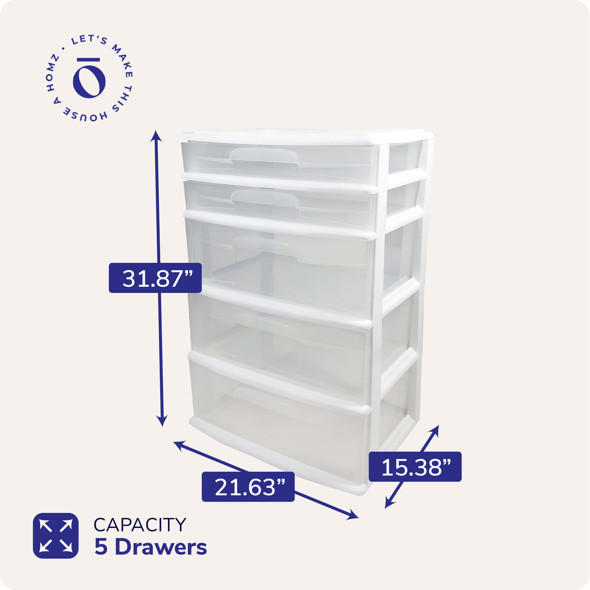 Homz Plastic 5 Drawer Storage Container Tower w Clear Drawers/White Frame (Used)
