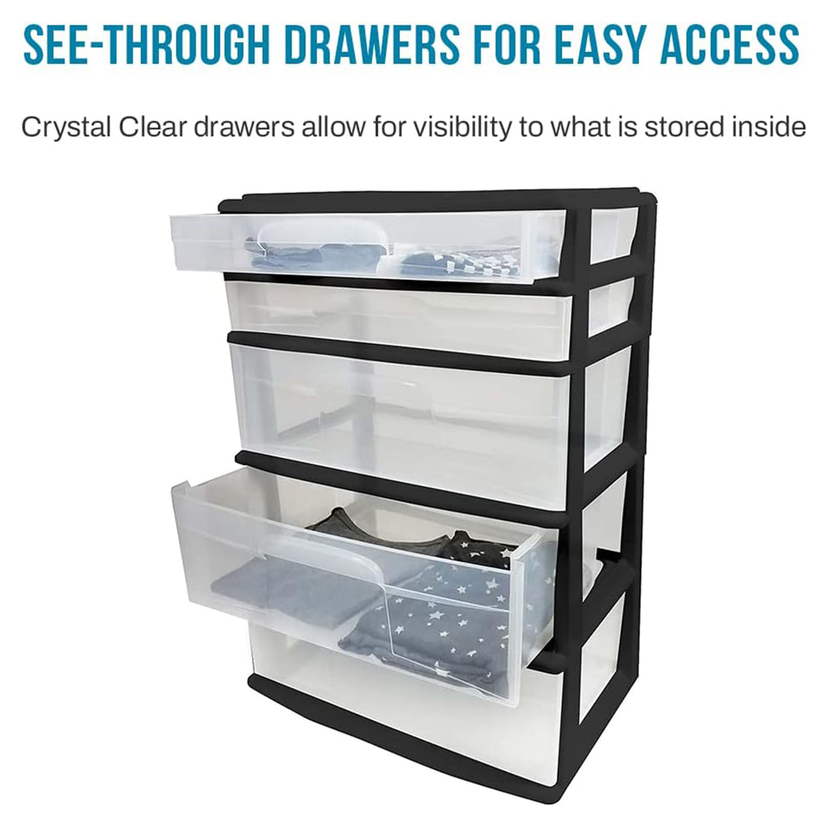 Homz Black Plastic 5 Drawer Storage Container Tower with Clear Drawers(Open Box) - VMInnovations