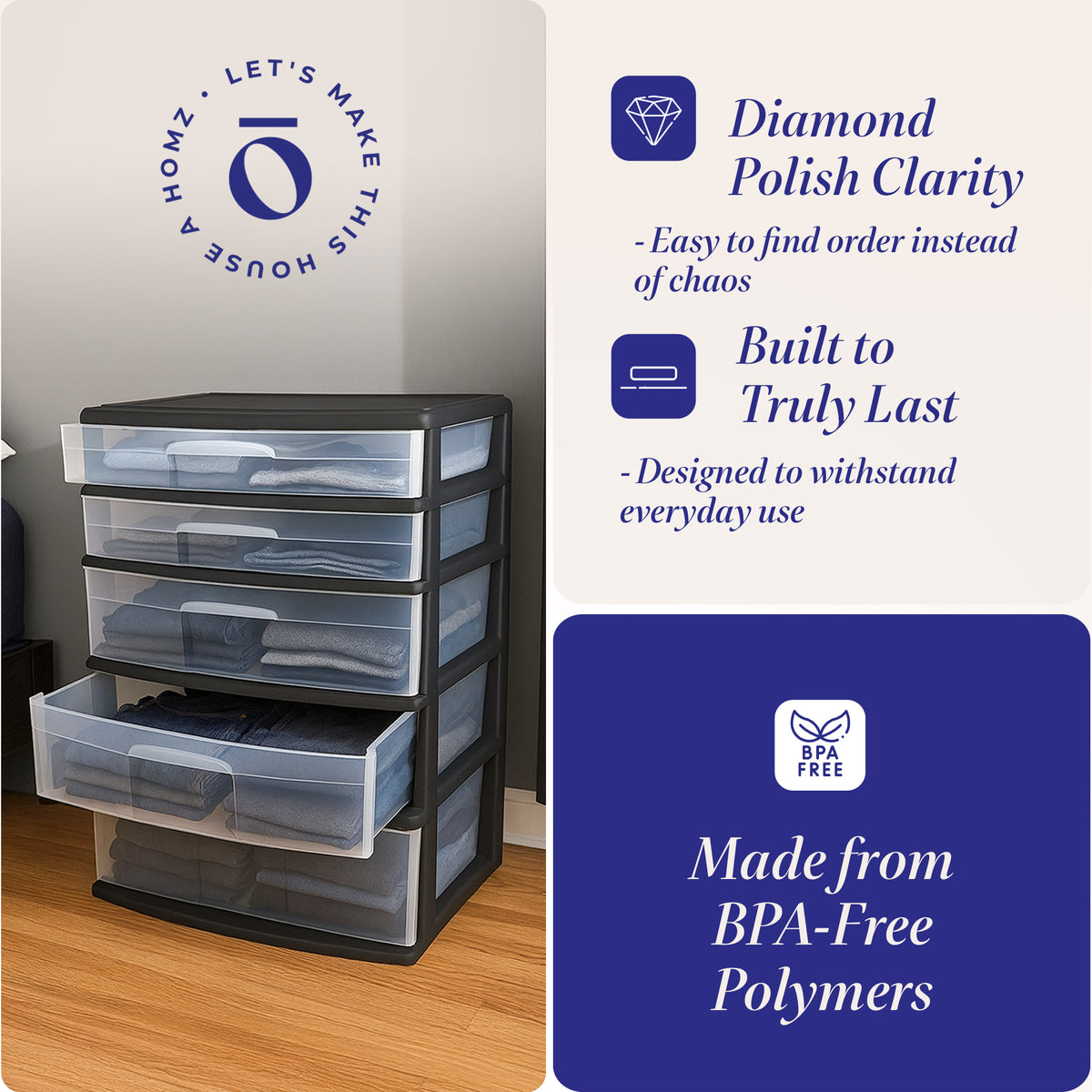 Homz Black Plastic 5 Drawer Storage Container Tower with Clear Drawers(Open Box) - VMInnovations