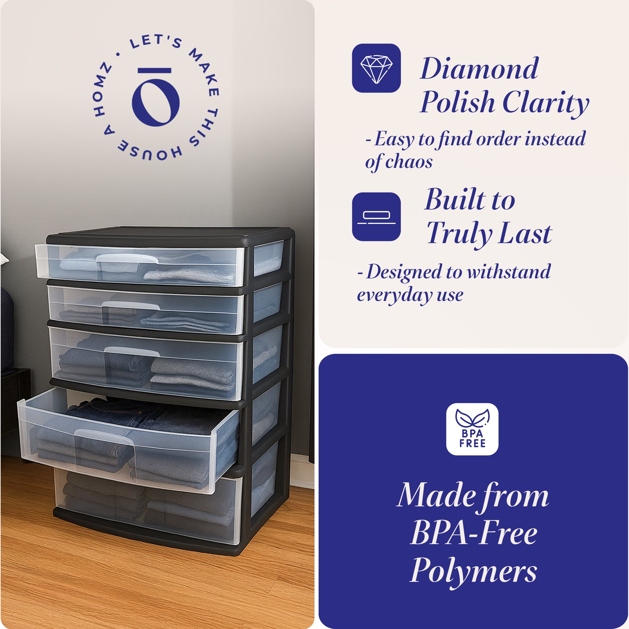Homz Plastic 5 Drawer Storage Container Tower with Clear Drawers/Black Frame