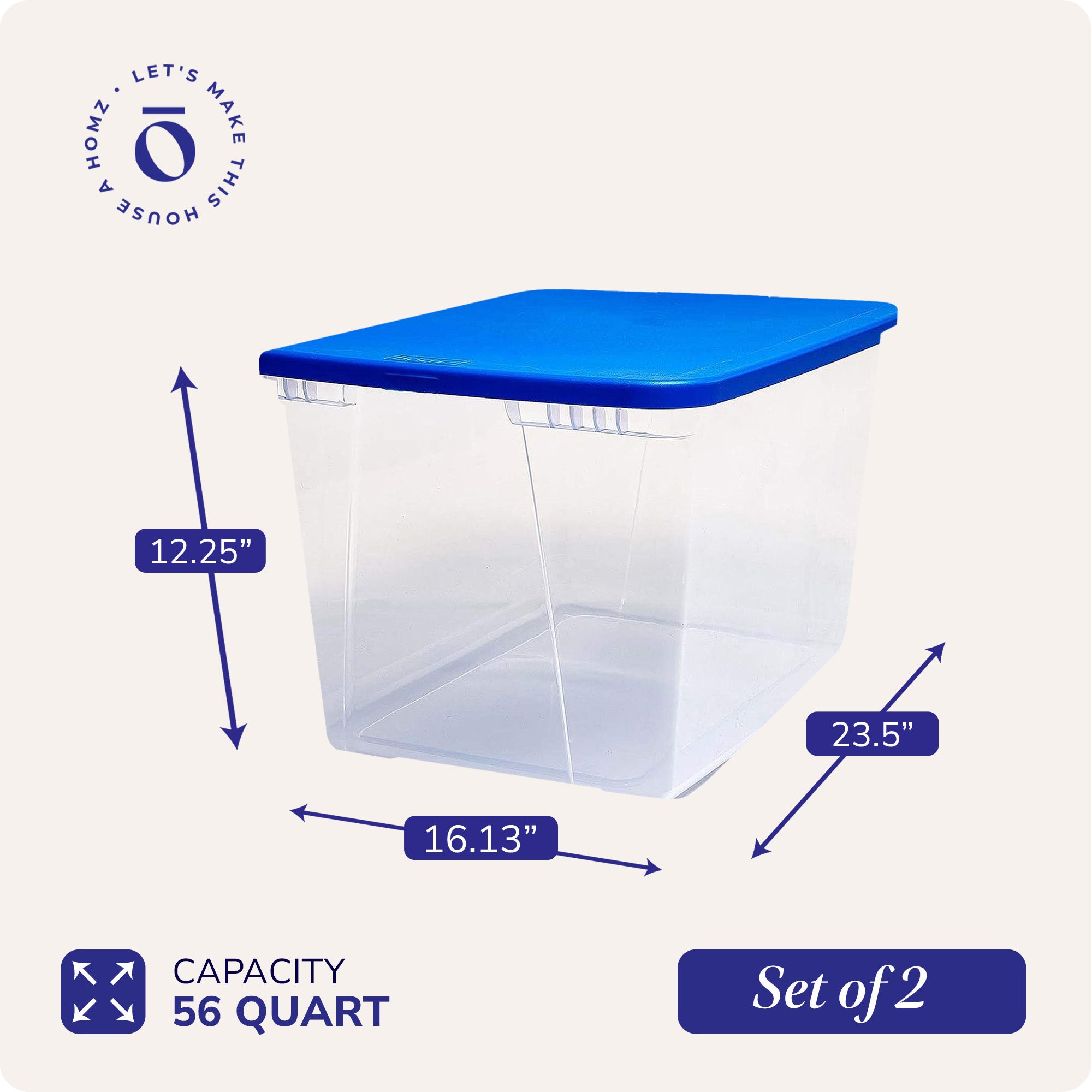 Homz 56 Qt Stackable Plastic Storage Container with Snaplock Lid, Blue (2 Pack) - VMInnovations