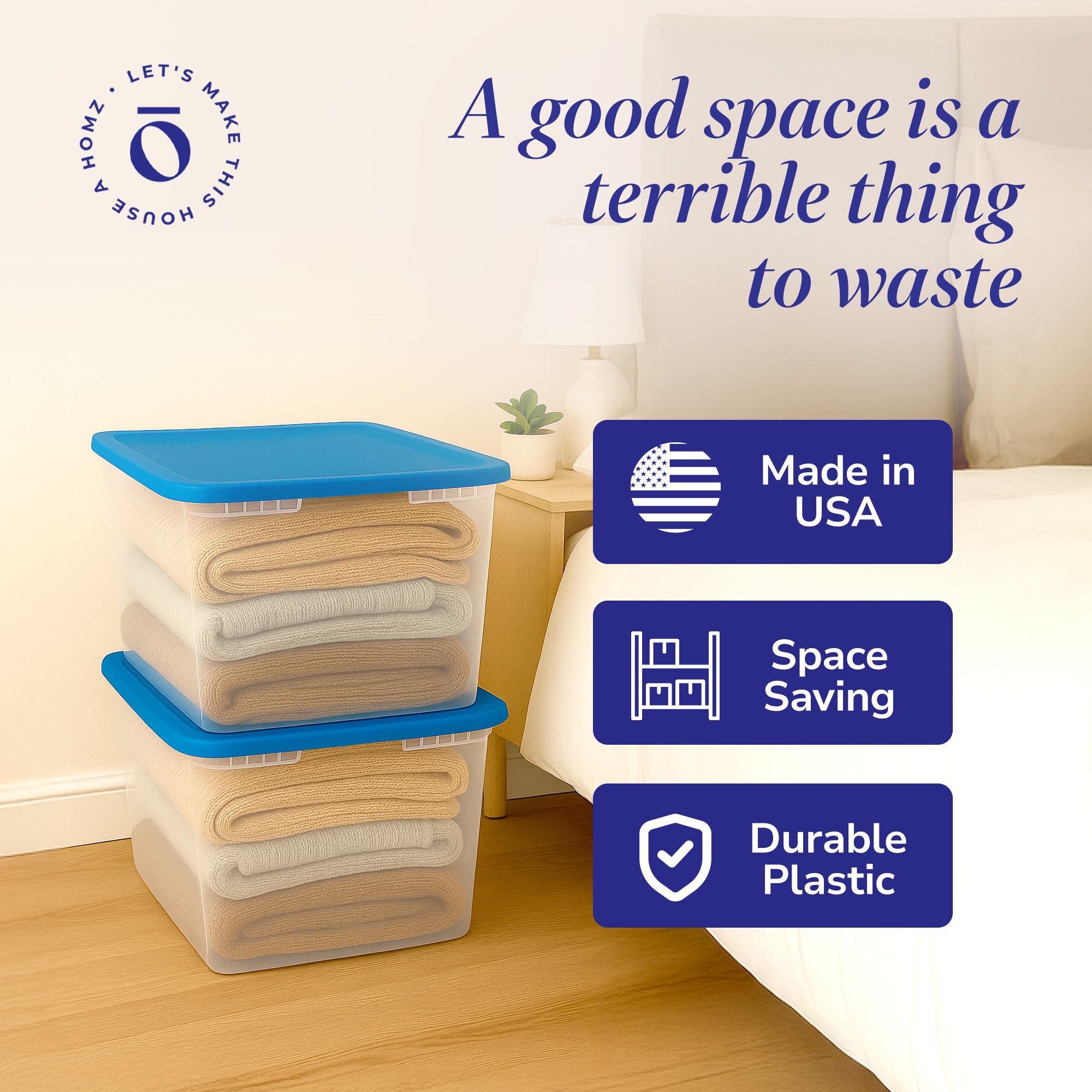 Homz 56 Qt Stackable Plastic Storage Container with Snaplock Lid, Blue (2 Pack) - VMInnovations