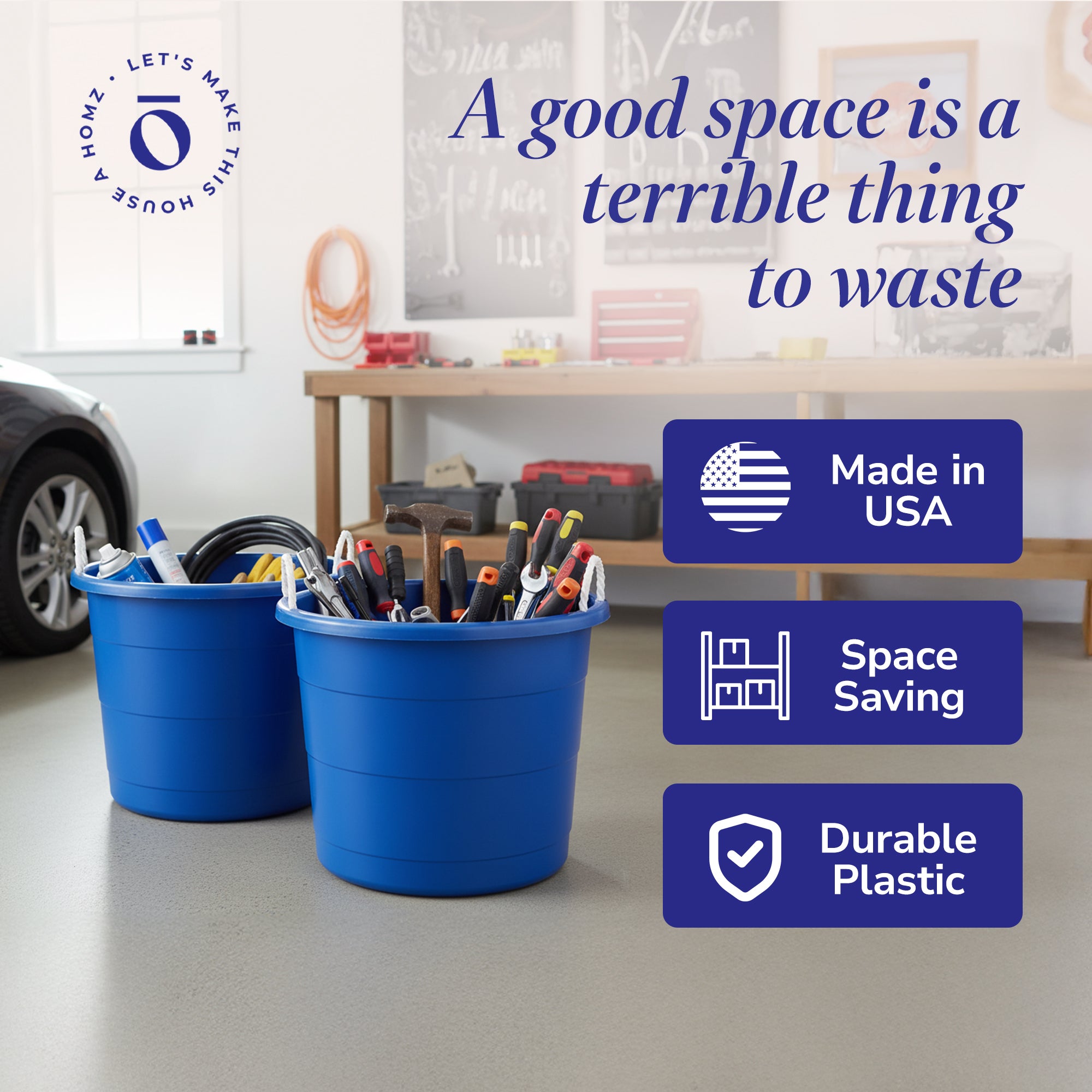 Homz 17 Gallon Indoor Outdoor Storage Bucket with Rope Handles, Blue (2 Pack)