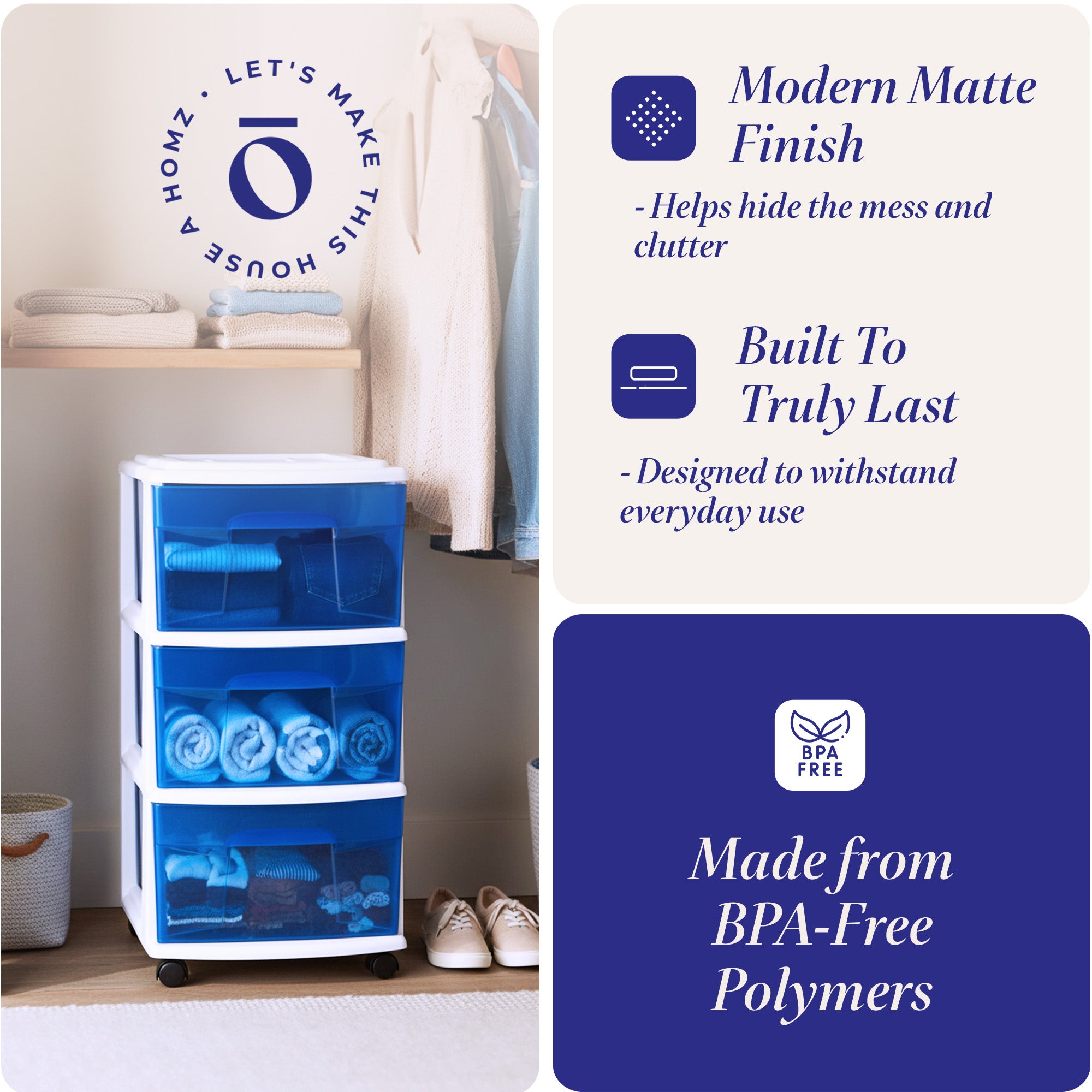 Homz Plastic 3 Drawer Medium Storage Container Tower, Blue Drawers/White Frame - VMInnovations