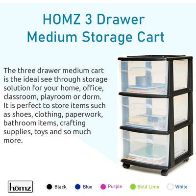 Homz Plastic 3 Drawer Medium Storage Container Tower, Blue Drawers/White Frame