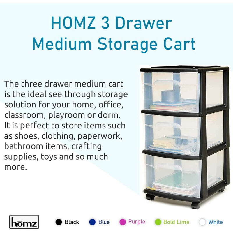 Homz Plastic 3 Drawer Medium Storage Container Tower, Blue Drawers/White Frame