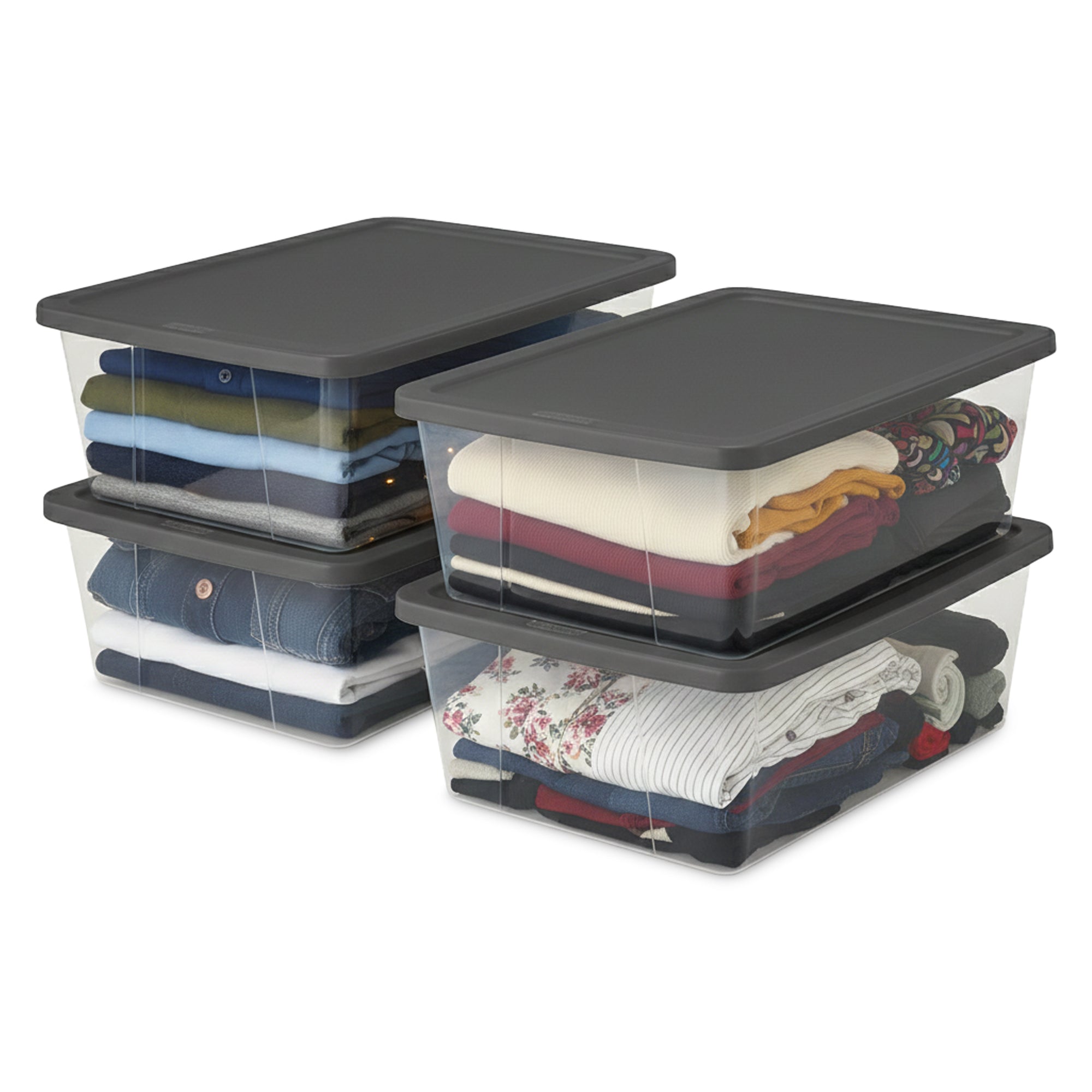 Homz 12 Qt Stackable Plastic Storage Container w/Snaplock Lid, Gray (4 Pack)