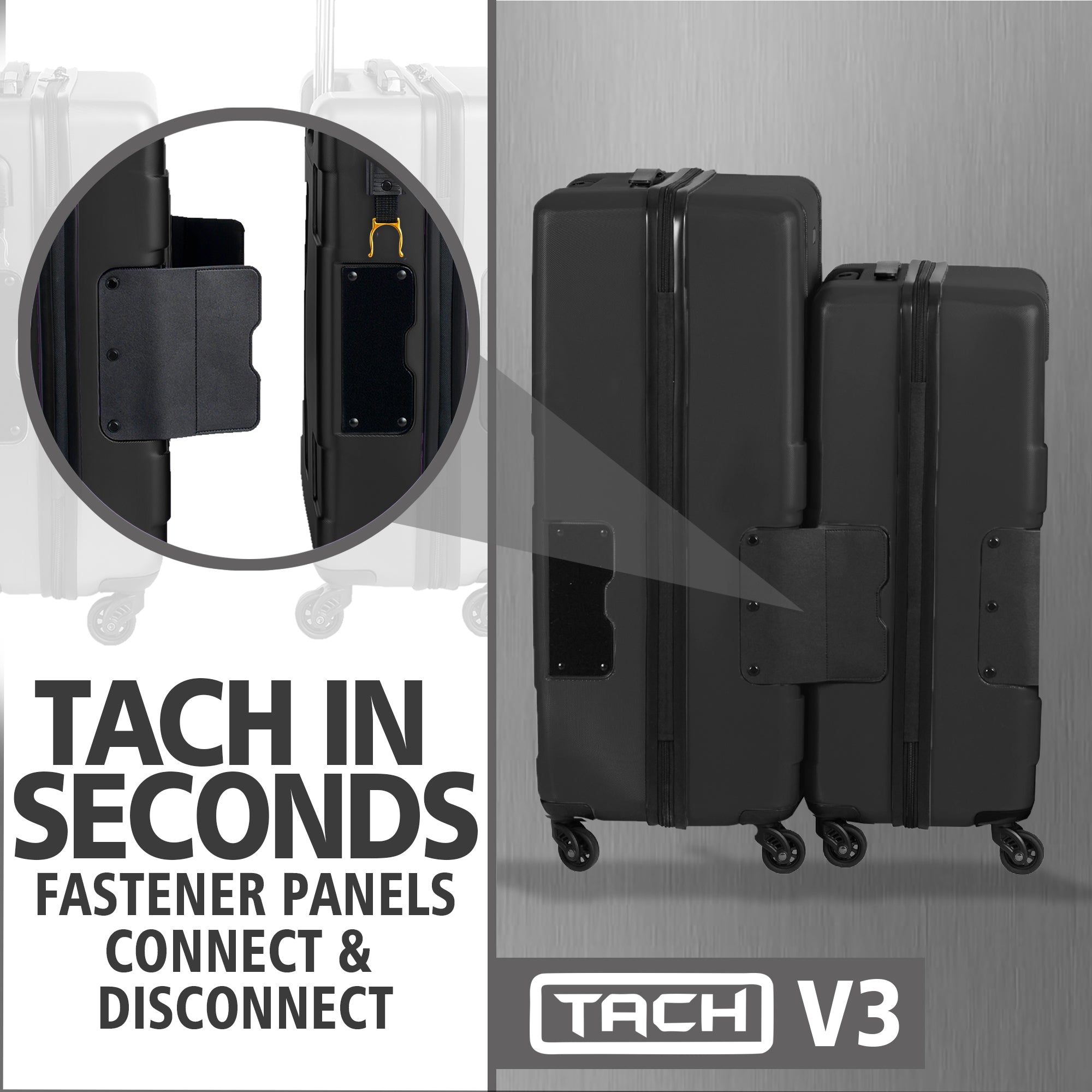 TACH V3 Connectable 2Pc Hard Shell Suitcase Luggage Set w/Spinners, Black (Used) - VMInnovations