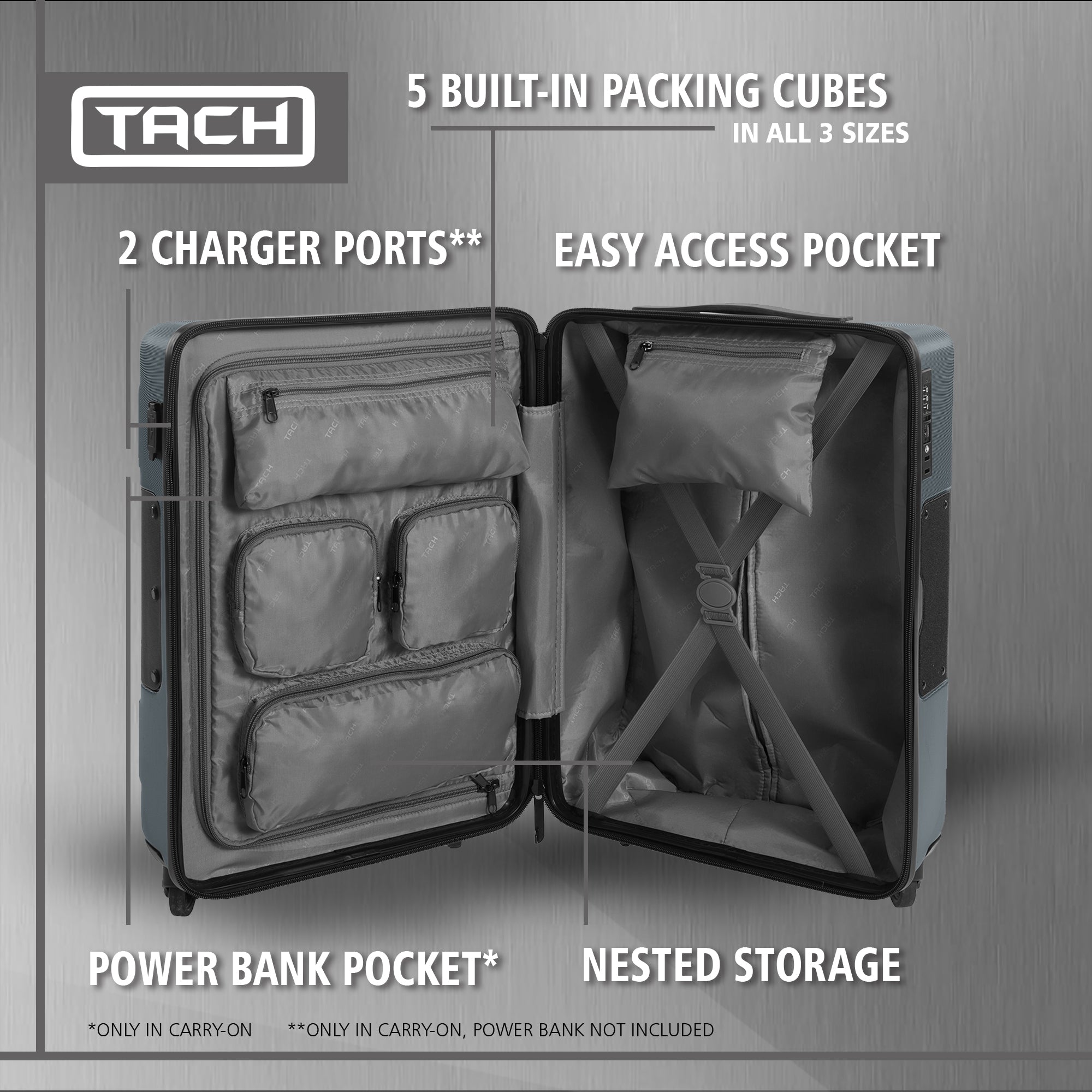 TACH V3 Connectable 2 Piece Hard Shell Suitcase Luggage Set with Spinners, Grey - VMInnovations