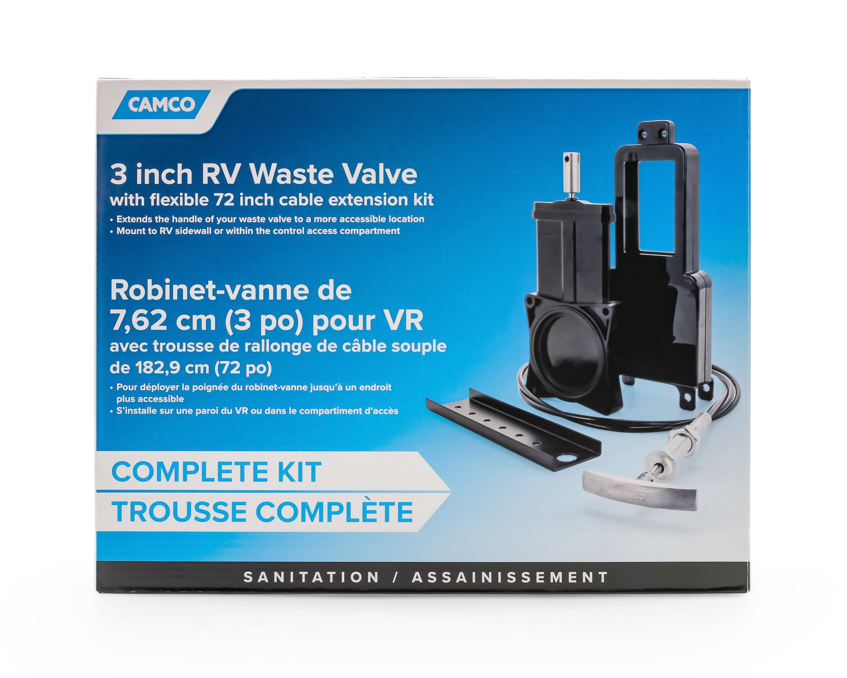 Camco 3" RV Waste Valve w/72" Cable Extension Kit, Sidewall/Compartment Mount