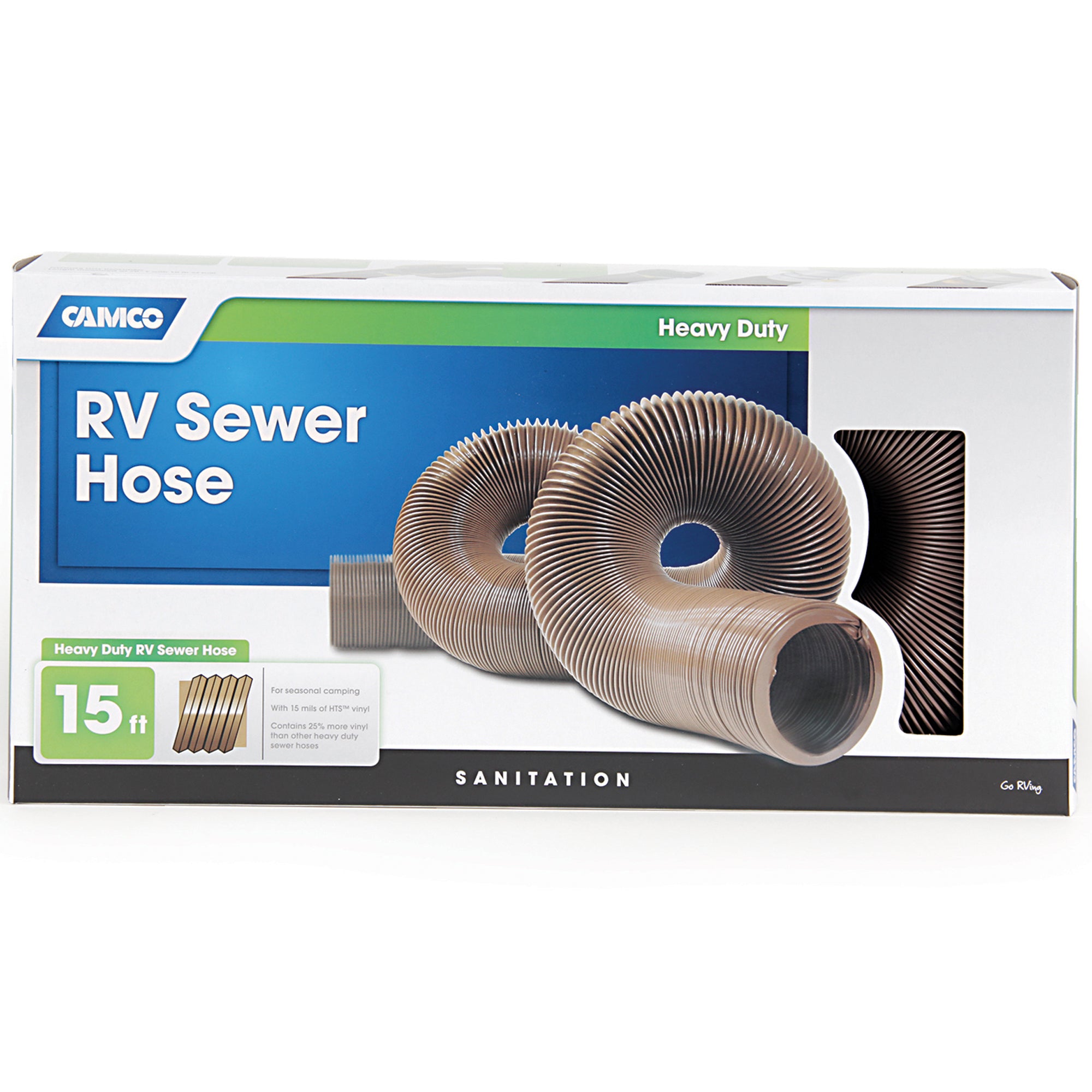 Camco 15 Foot Heavy Duty HTS Vinyl RV Sewer Hose with Steel Wire Core, Brown - VMInnovations