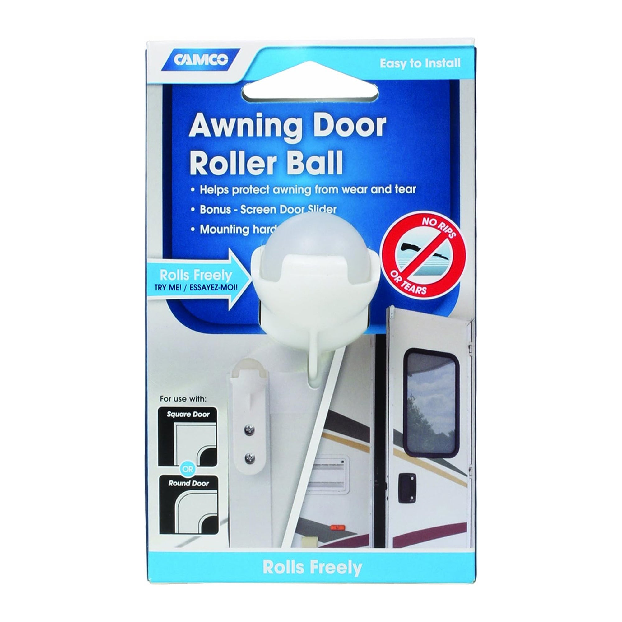 Camco Awning Door Roller Ball with Screen Door Slider & Mounting Hardware, White - VMInnovations