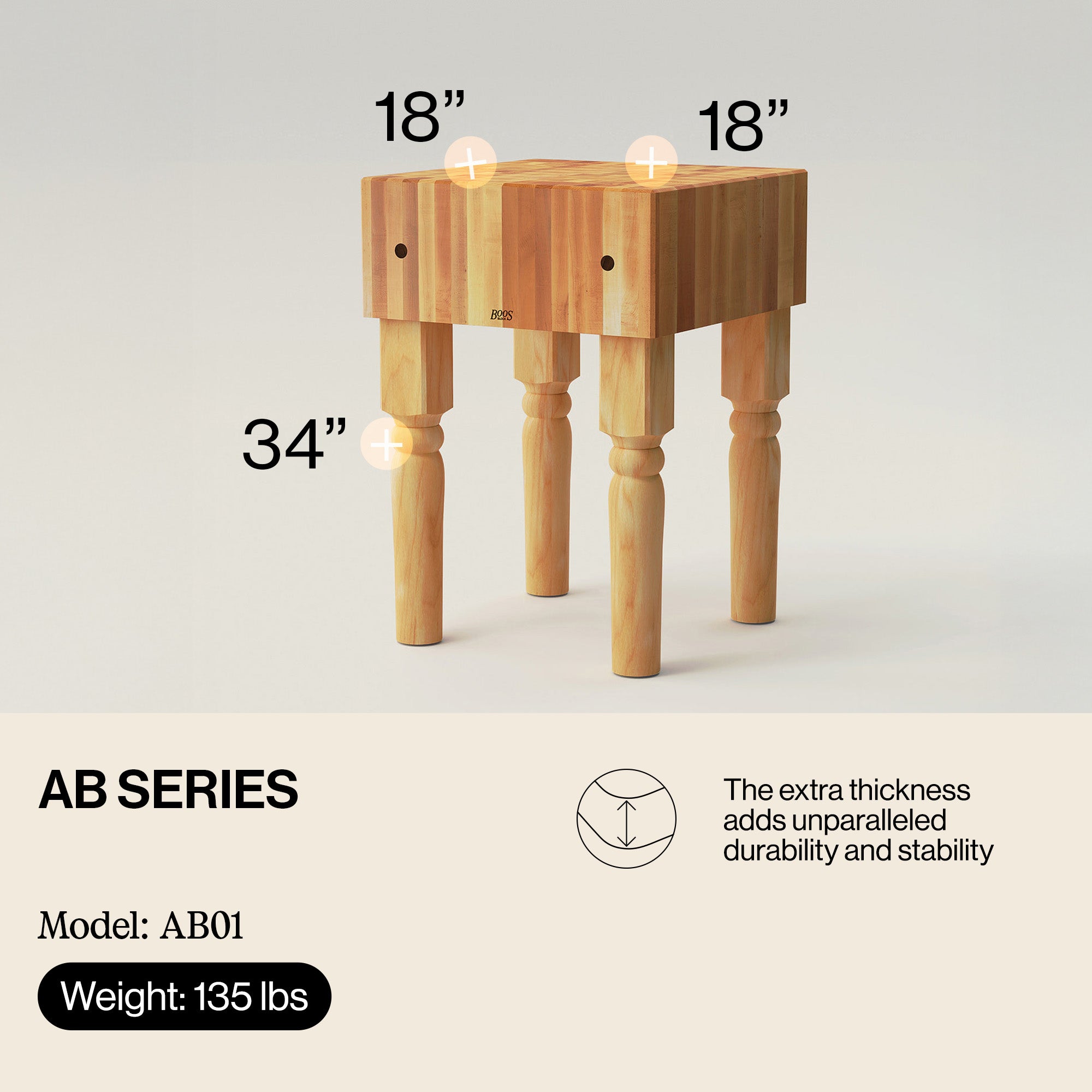 John Boos AB Series Square Wood Butcher Block Prep Table, 18" x 18", Maple - VMInnovations
