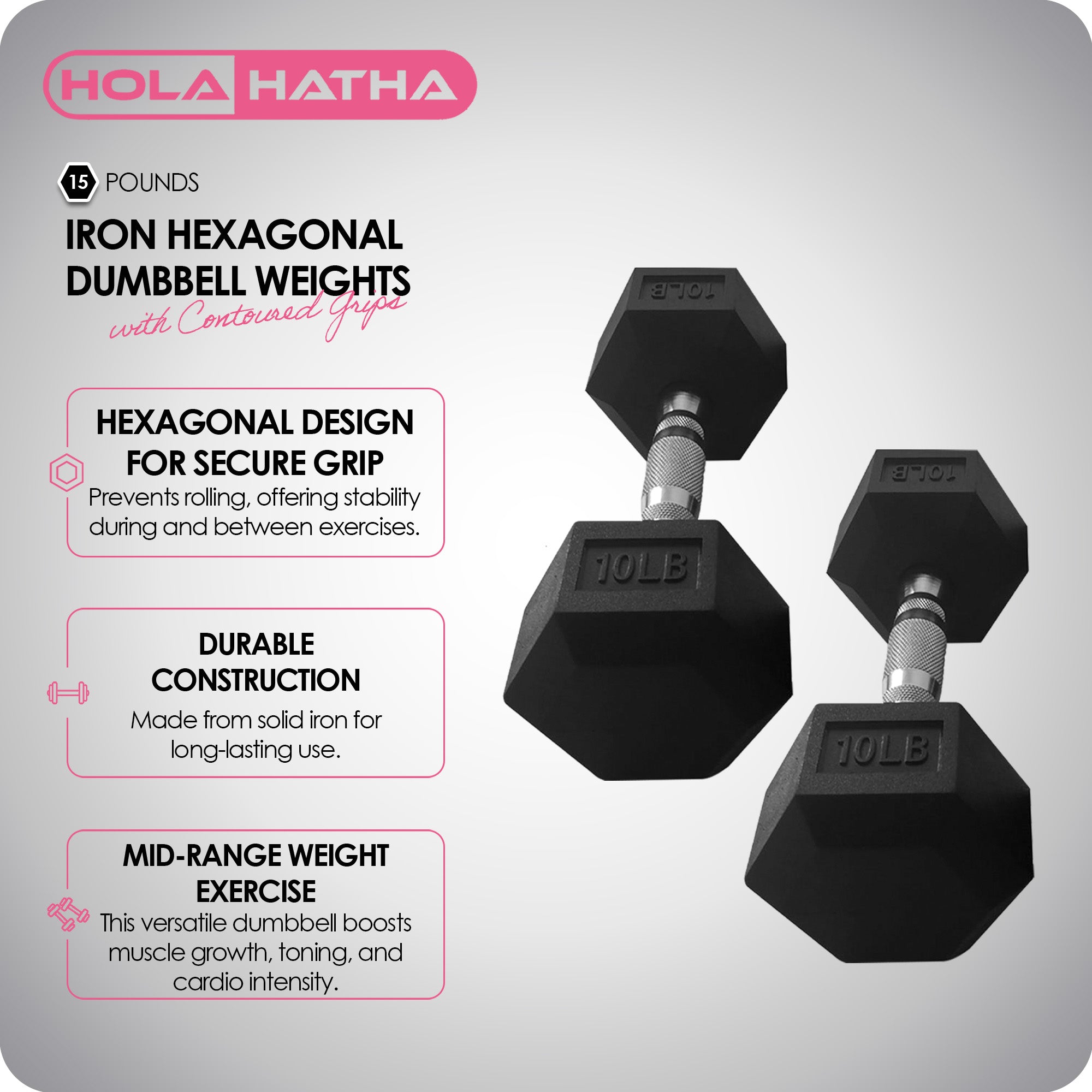 HolaHatha Iron Cast Home Exercise Dumbbell Free Weight, 15 Pounds (Open Box) - VMInnovations