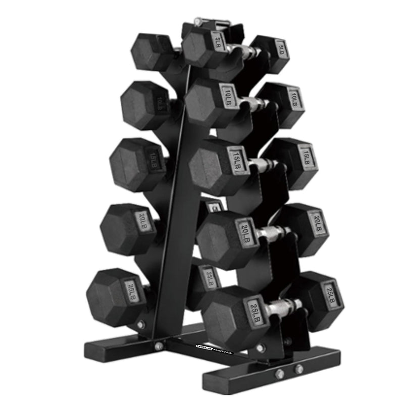 HolaHatha 5, 10, 15, 20 & 25 Pound Hexagonal Dumbbell Weight Set w/Rack, Black