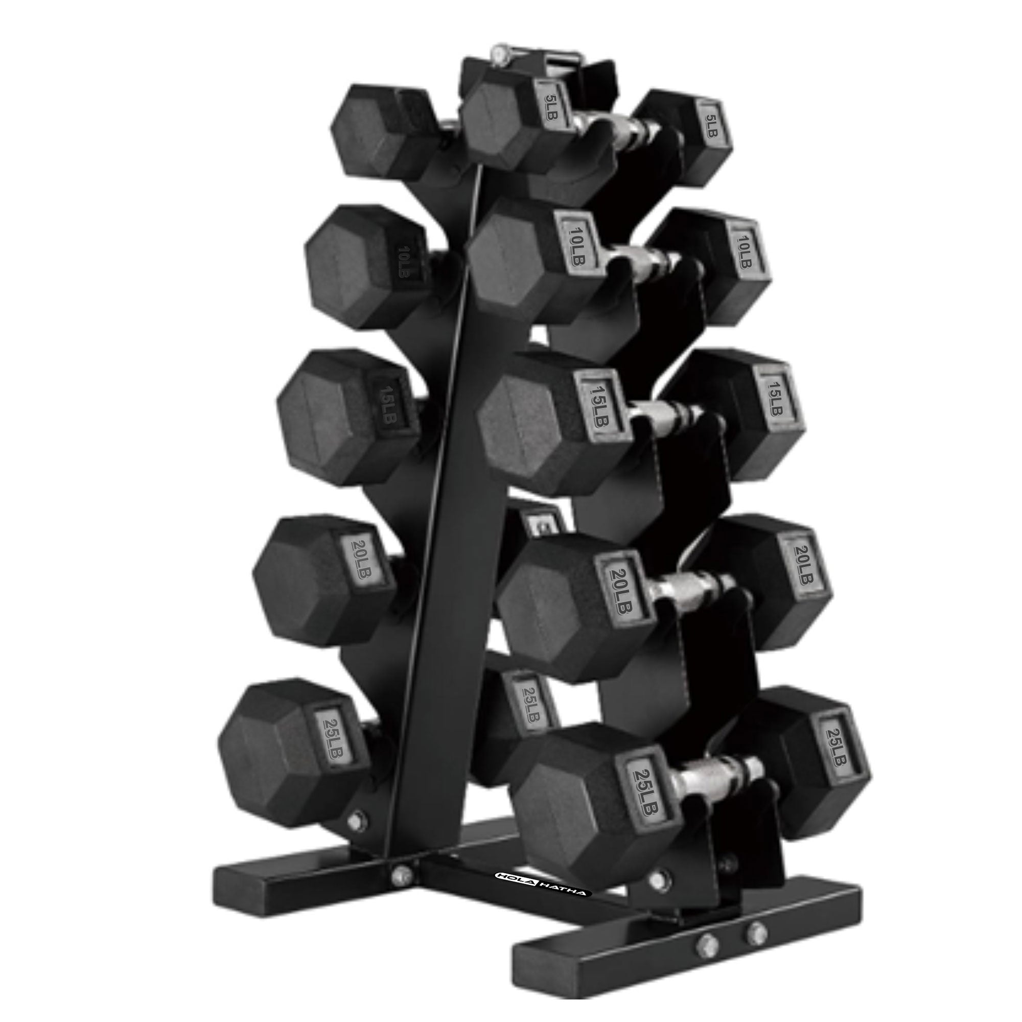 HolaHatha 5, 10, 15, 20 & 25 LBS Hex Dumbbell Weight Set w/Rack, Black (Used) - VMInnovations