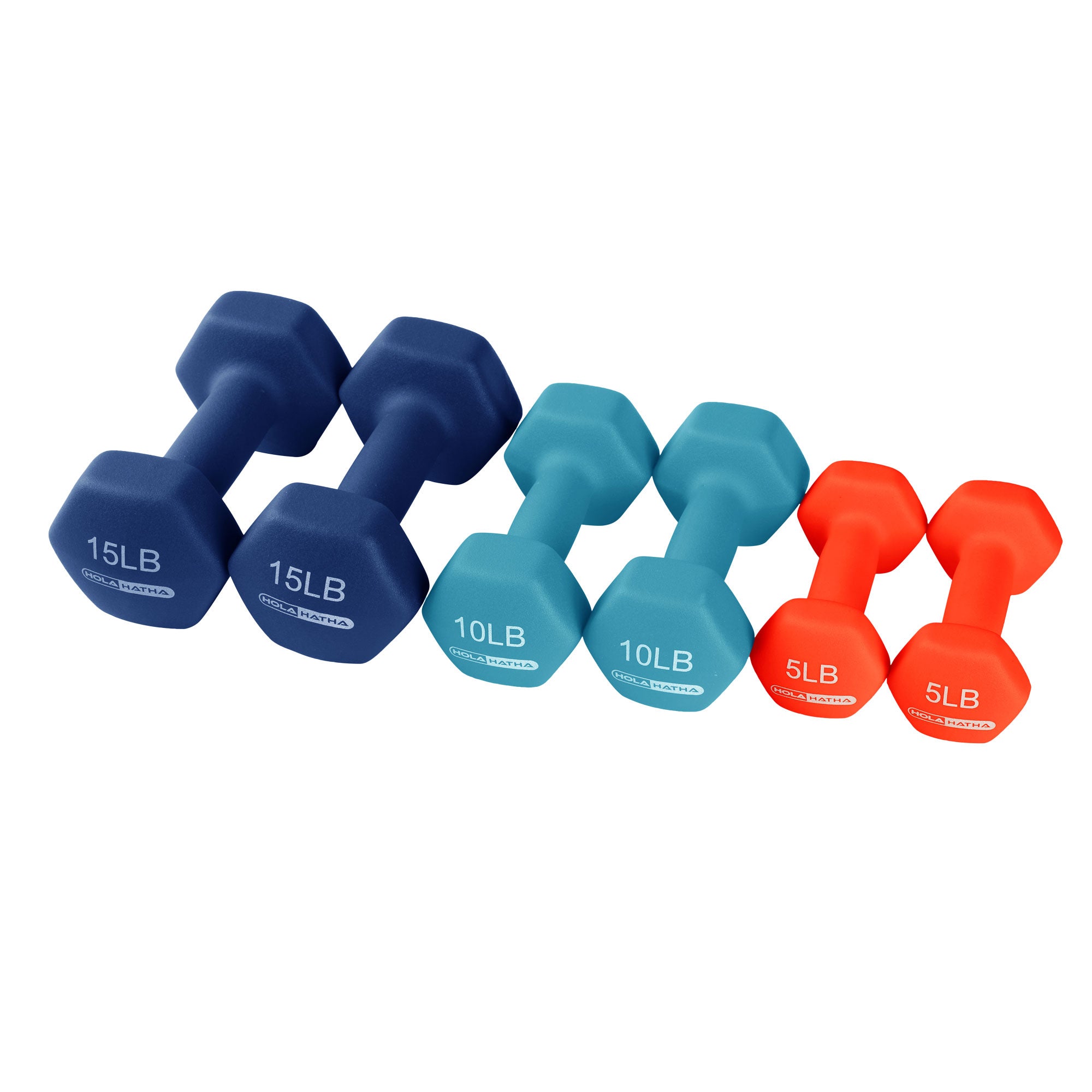 HolaHatha 5, 10, and 15lb Neoprene Dumbbell Weight Set with Storage Rack (Used)