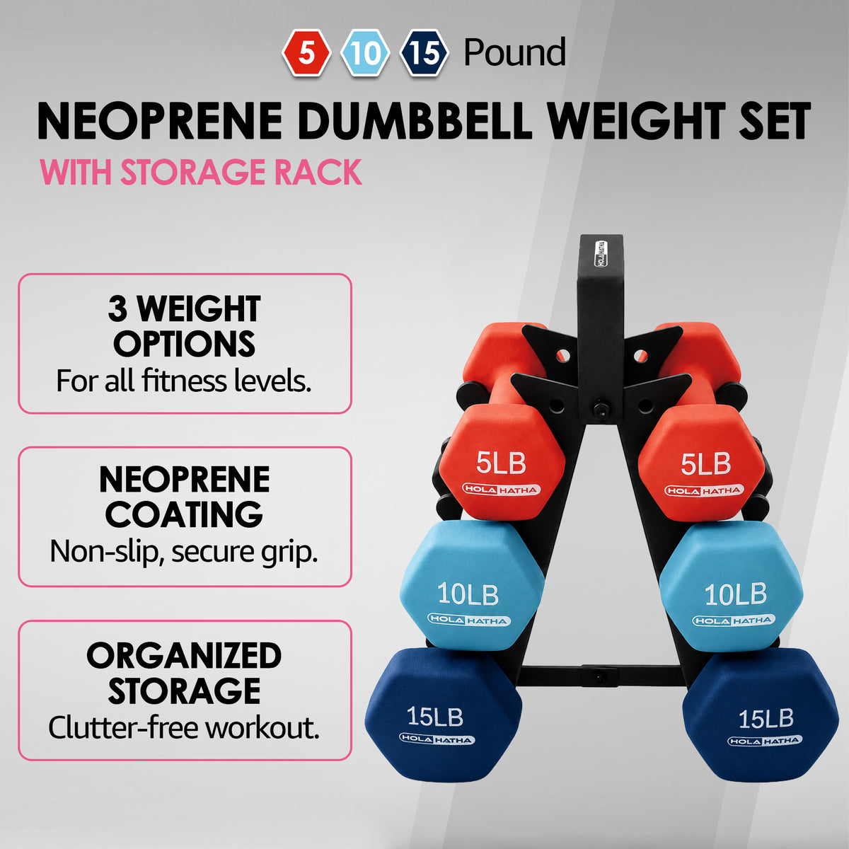 HolaHatha 5, 10, and 15 Pound Neoprene Dumbbell Set w/ Storage Rack (For Parts) - VMInnovations
