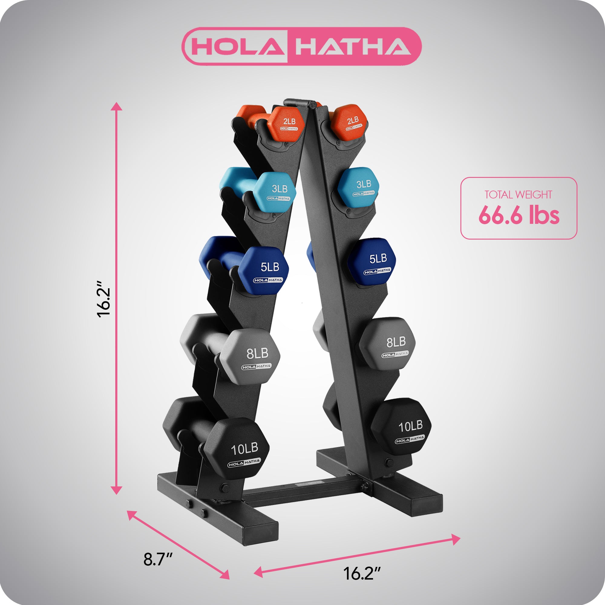 HolaHatha 2, 3, 5, 8 & 10 Pound Neoprene Dumbbell Weight Set with Storage Rack - VMInnovations