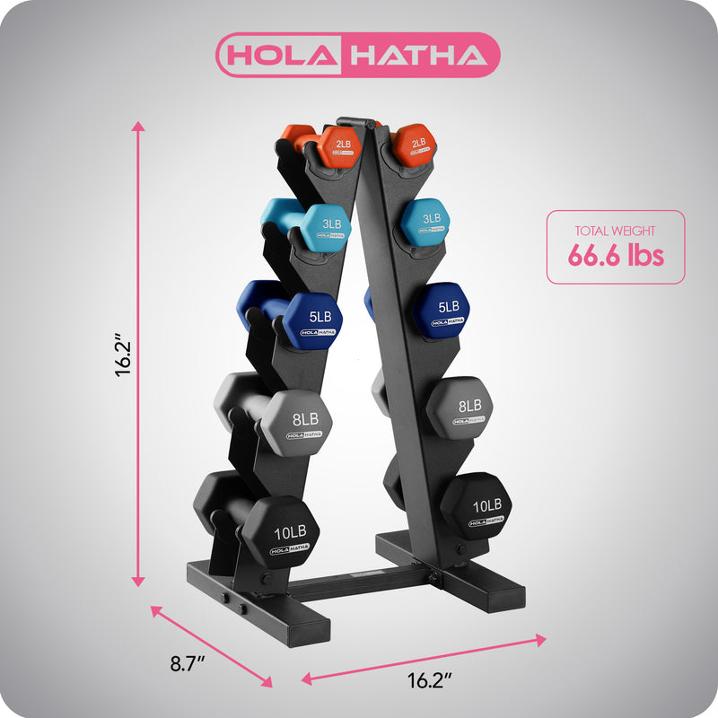 HolaHatha 2, 3, 5, 8 & 10Lbs Neoprene Dumbbell Set with Storage Rack (Used)