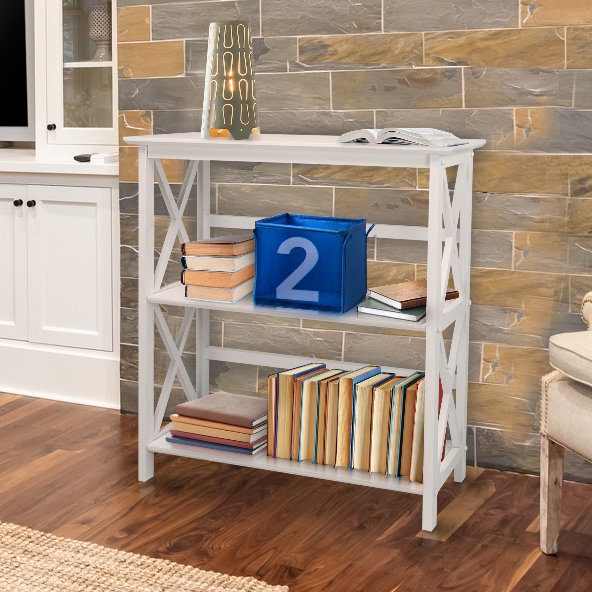Casual Home Montego 3 Tier Open Shelf X Design Wooden Bookcase, Wood (White) (Refurbished)