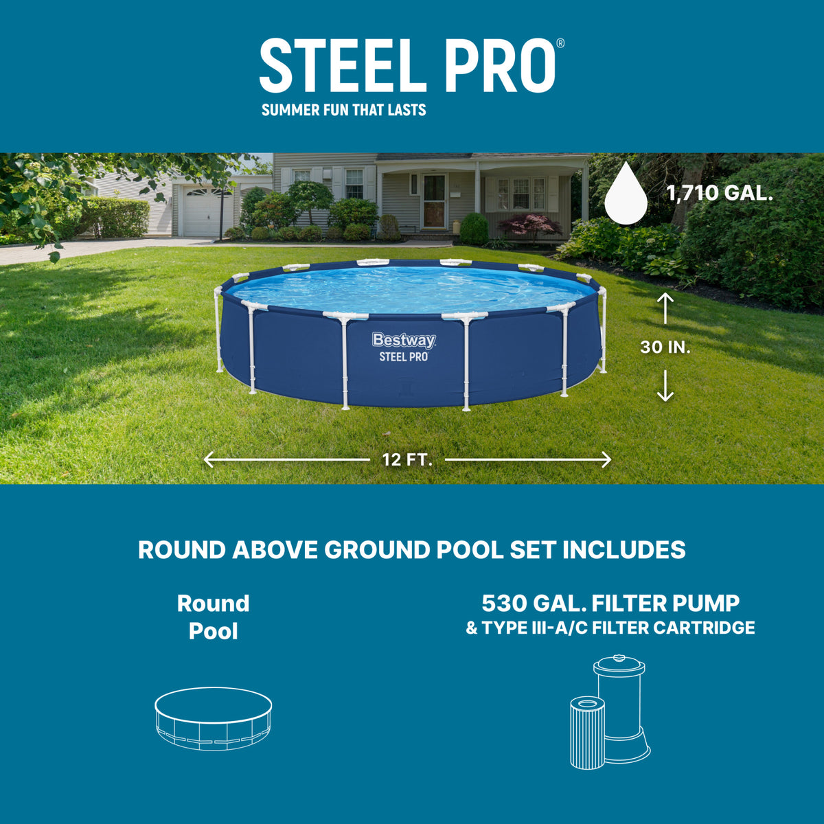 Bestway Steel Pro 12' x 30" Round Above Ground Pool Set w/ DuraPlus Liner(Used)
