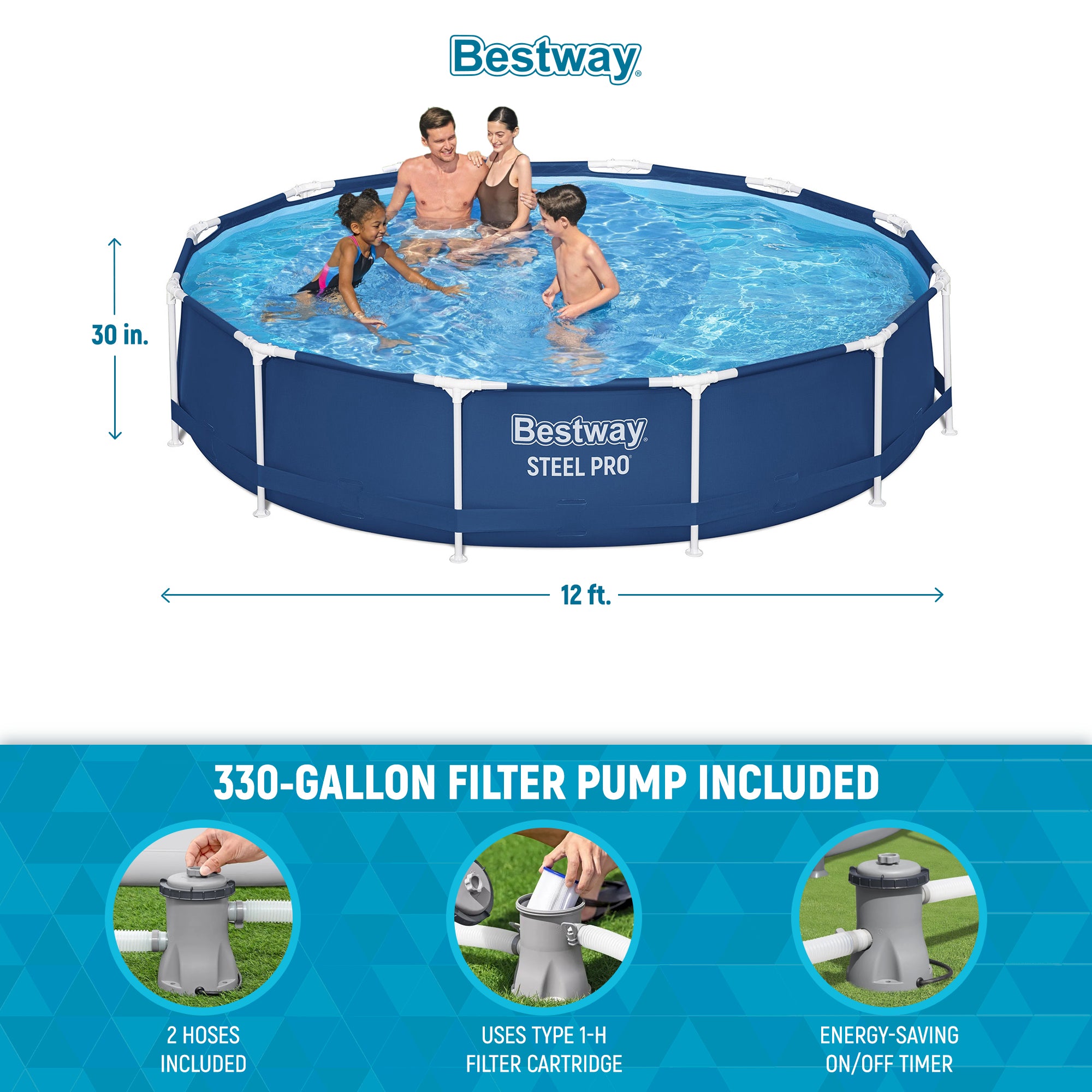 Bestway Steel Pro 12' x 30" Round Above Ground Pool Set w/ DuraPlus Liner(Used)