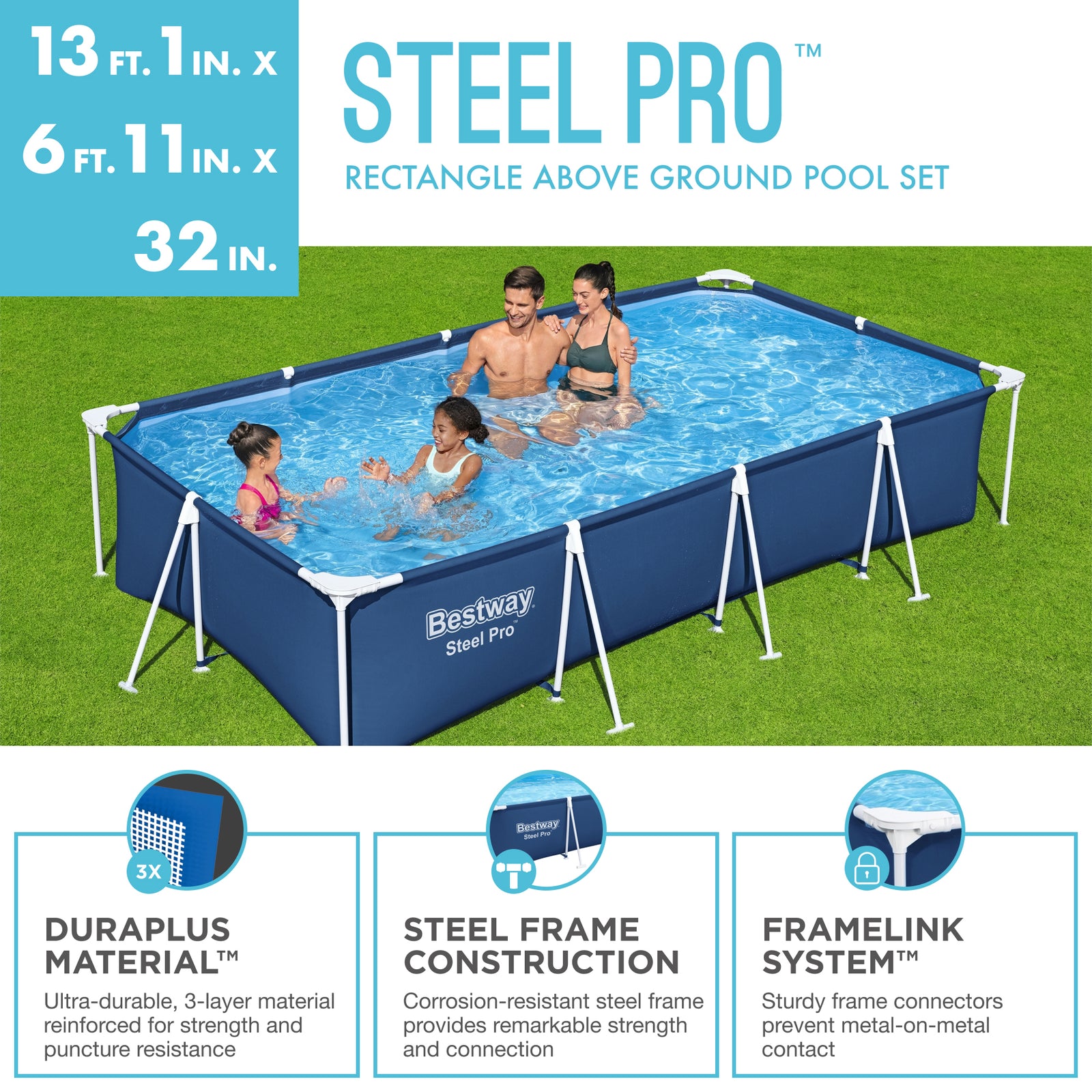 Bestway Steel Pro 13 Foot x 32 Inch Rectangular Swimming Pool, Blue (For Parts) - VMInnovations