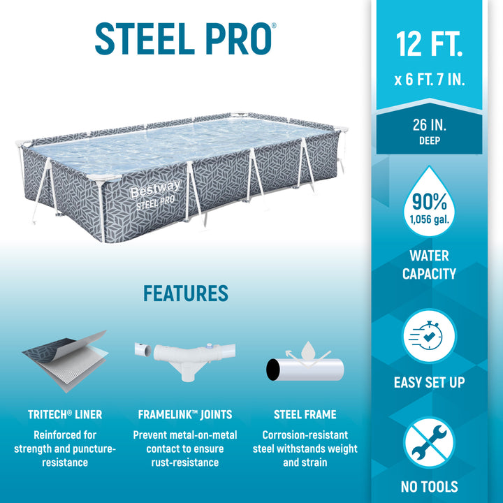 Bestway Steel Pro 12' x 6'7" x 26" Rectangle Above Ground Outdoor Swimming Pool - VMInnovations