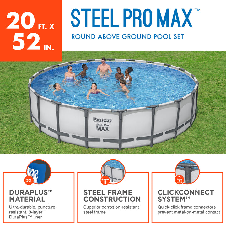 Bestway Steel Pro MAX 20 Foot by 52 Inch Above Ground Swimming Pool Set, Gray - VMInnovations